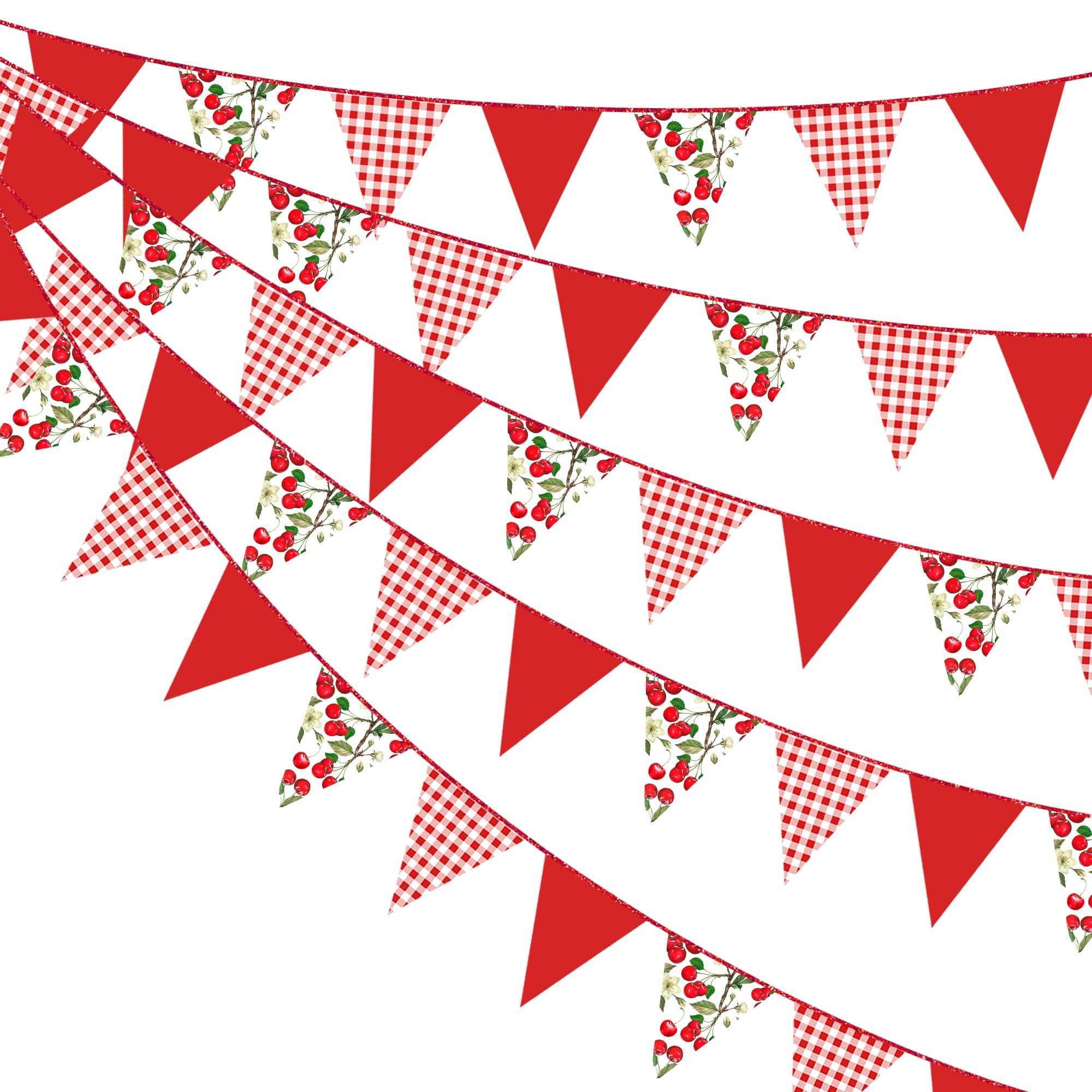 30Ft Cherry Bunting Banner Party Decorations Red Plaid Floral Cherries Paper Triangle Flag Pennant for Fruit Birthday Wedding Bridal Baby Shower Engagement Anniversary Home Kids Room Nursery — image 1