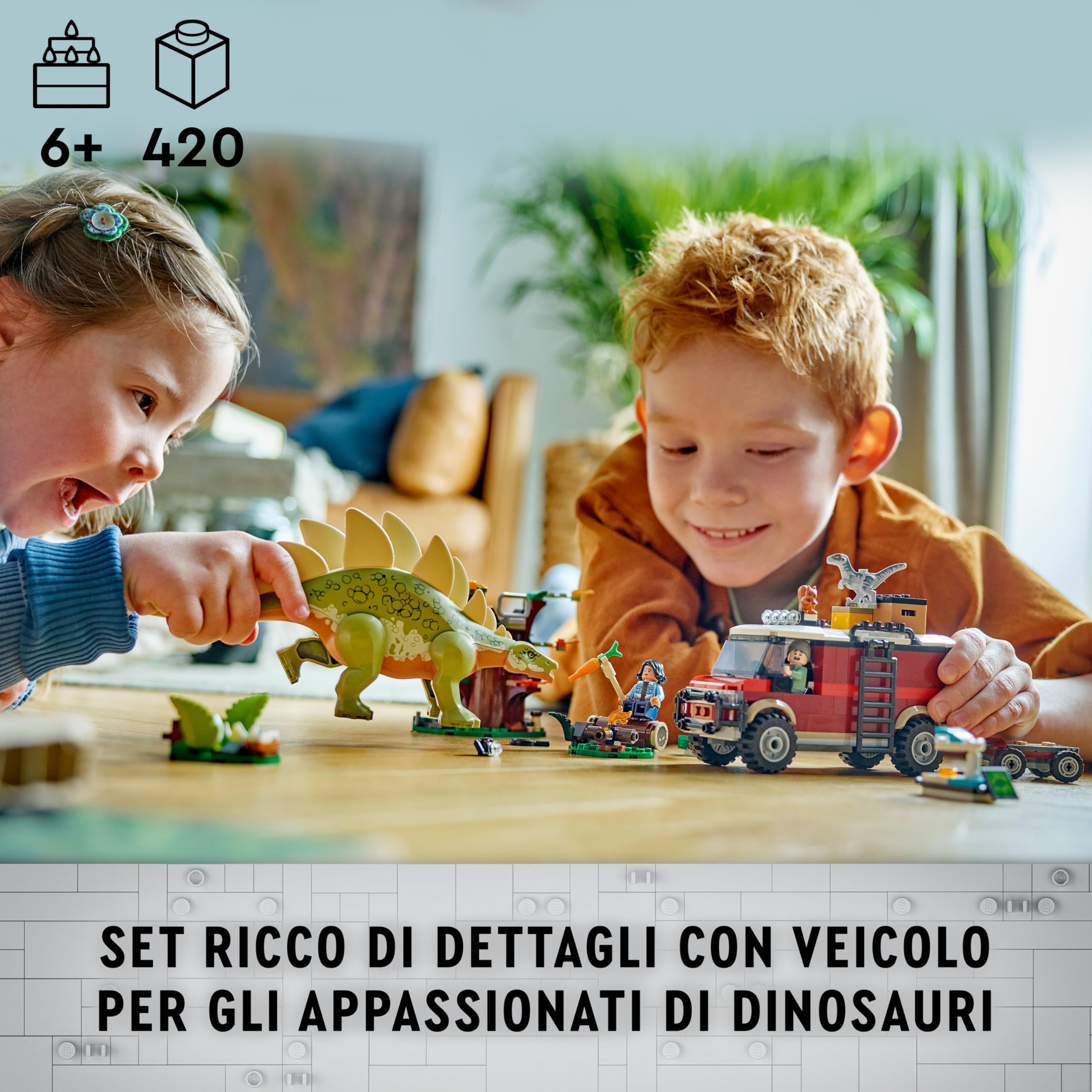LEGO Jurassic World Missione Dinosauro: Scoperta dello Stegosauro, Giocattolo d'Avventura con 2 Dinosauri, Fuoristrada e Minifigure, Giochi per Bambini e Bambine da 6 Anni, Regalo di Compleanno 76965