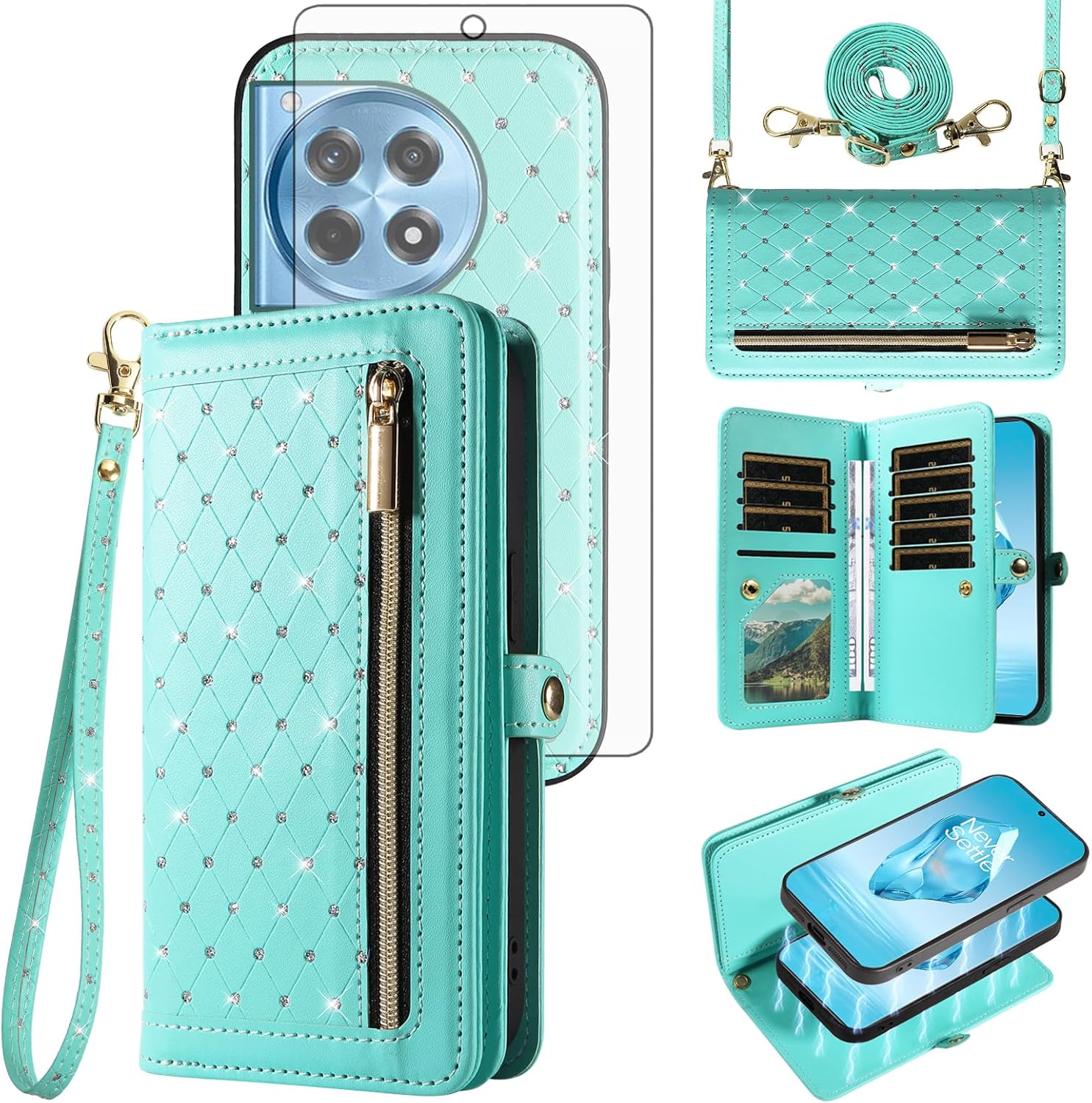Asuwish Phone Case for OnePlus 12R 5G/Ace 3 2024 Zipper Wallet Detachable Cell Cover with Tempered Glass Screen Protector Crossbody Strap Bling Flip Credit Card Holder One+ 12 R R12 Ace3 Women Pink