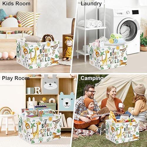 Miniatura 7 de Clastyle Cesta de almacenamiento rectangular de 36L con diseño de animales tropicales, elefantes, niños, jirafa, león, tigre, juguete, cuarto de