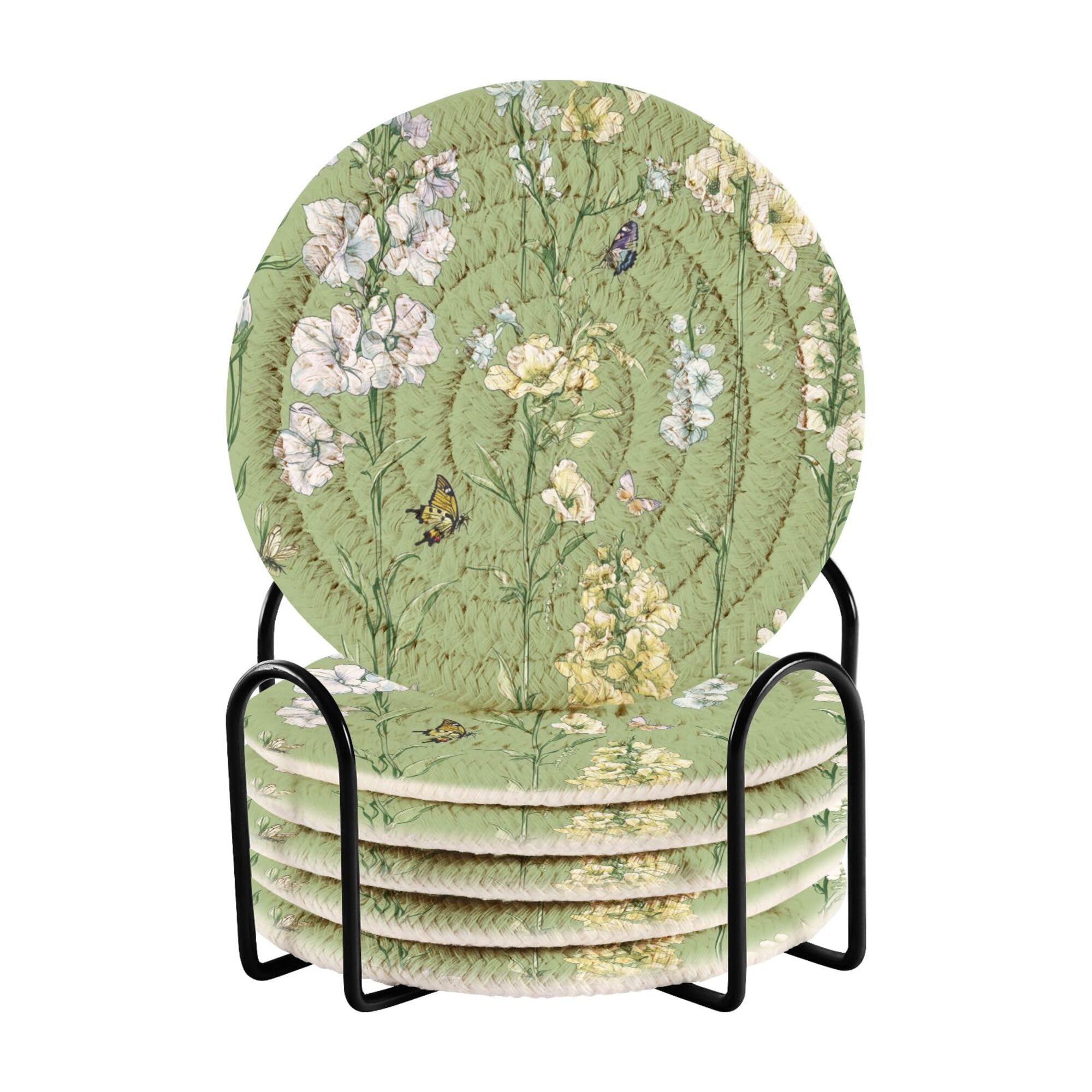 Nature Delphinium Sage Green Cotton Rope Coasters and Holder Set of 6 Aesthetic Coasters