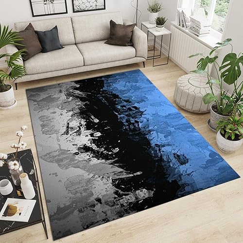 Miniatura 3 de Alfombra de área de acuarela gris, azul y negro, alfombra de dormitorio con textura de tinta de arte abstracto, cómoda y suave con respaldo