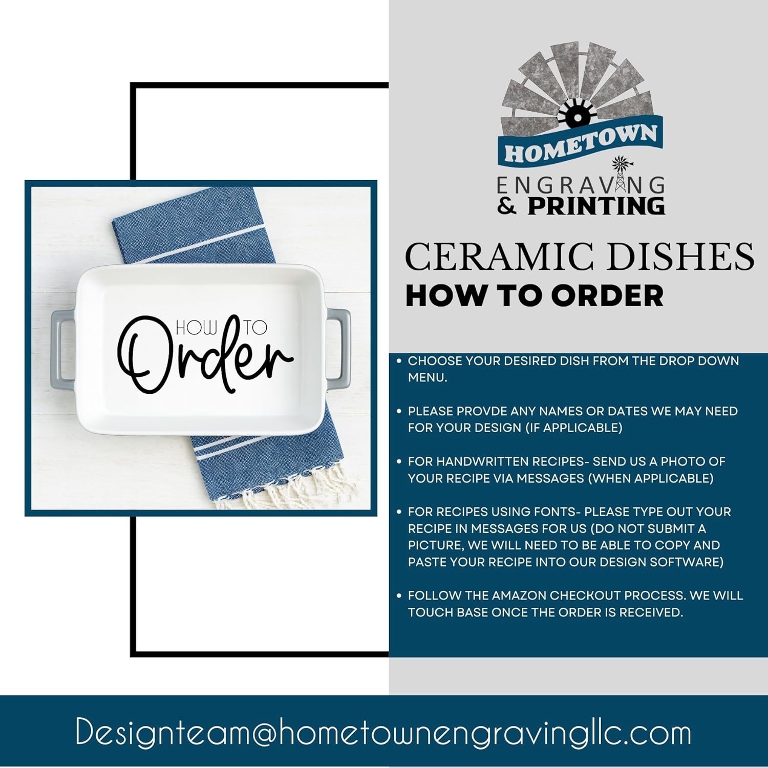 Personalized Recipe Casserole Dish, Ceramic Stoneware Baking Pan with Custom Handwritten Recipe Engraving, White, Dishwasher Safe