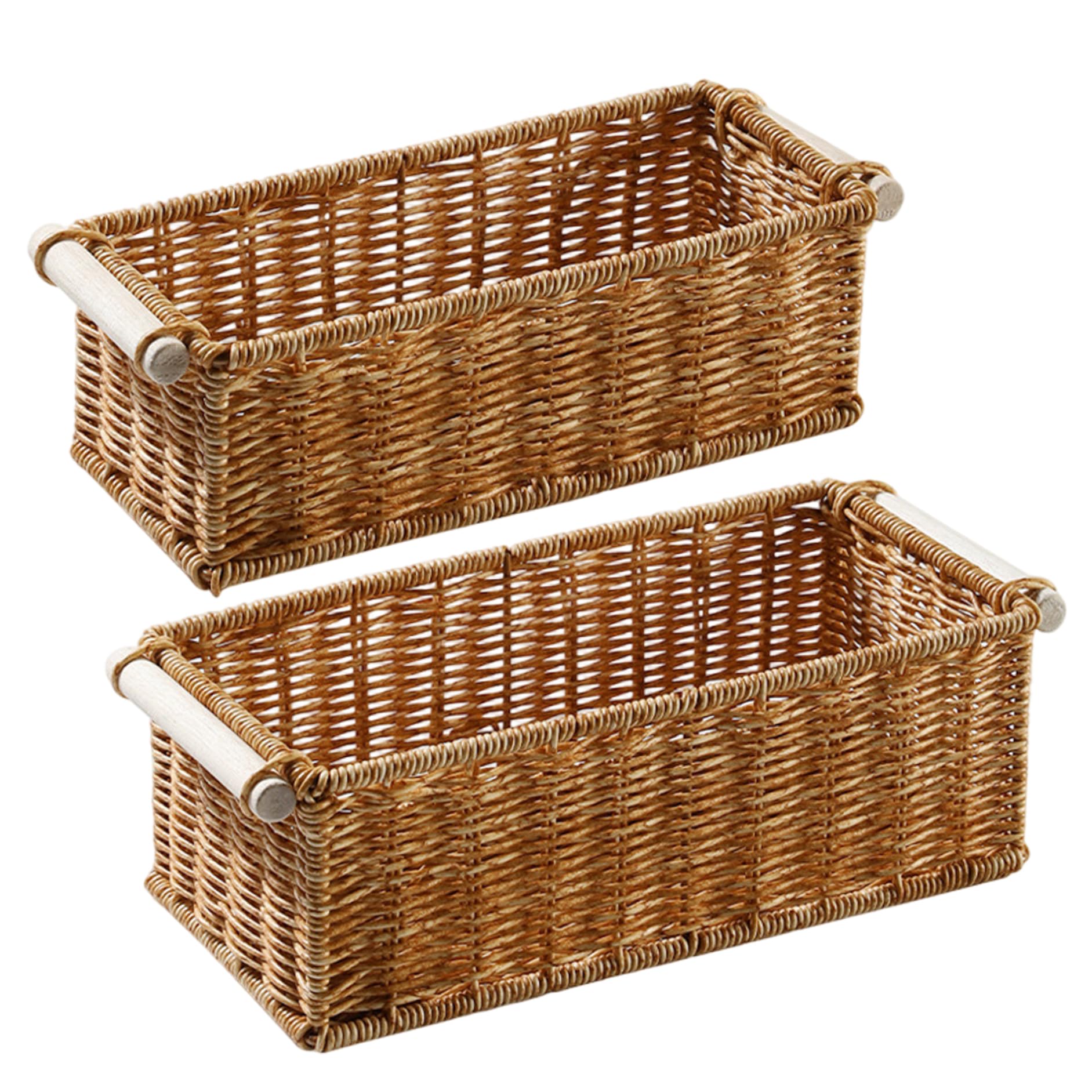 Panier de rangement en osier plastique x2 avec poignée bois pour salon