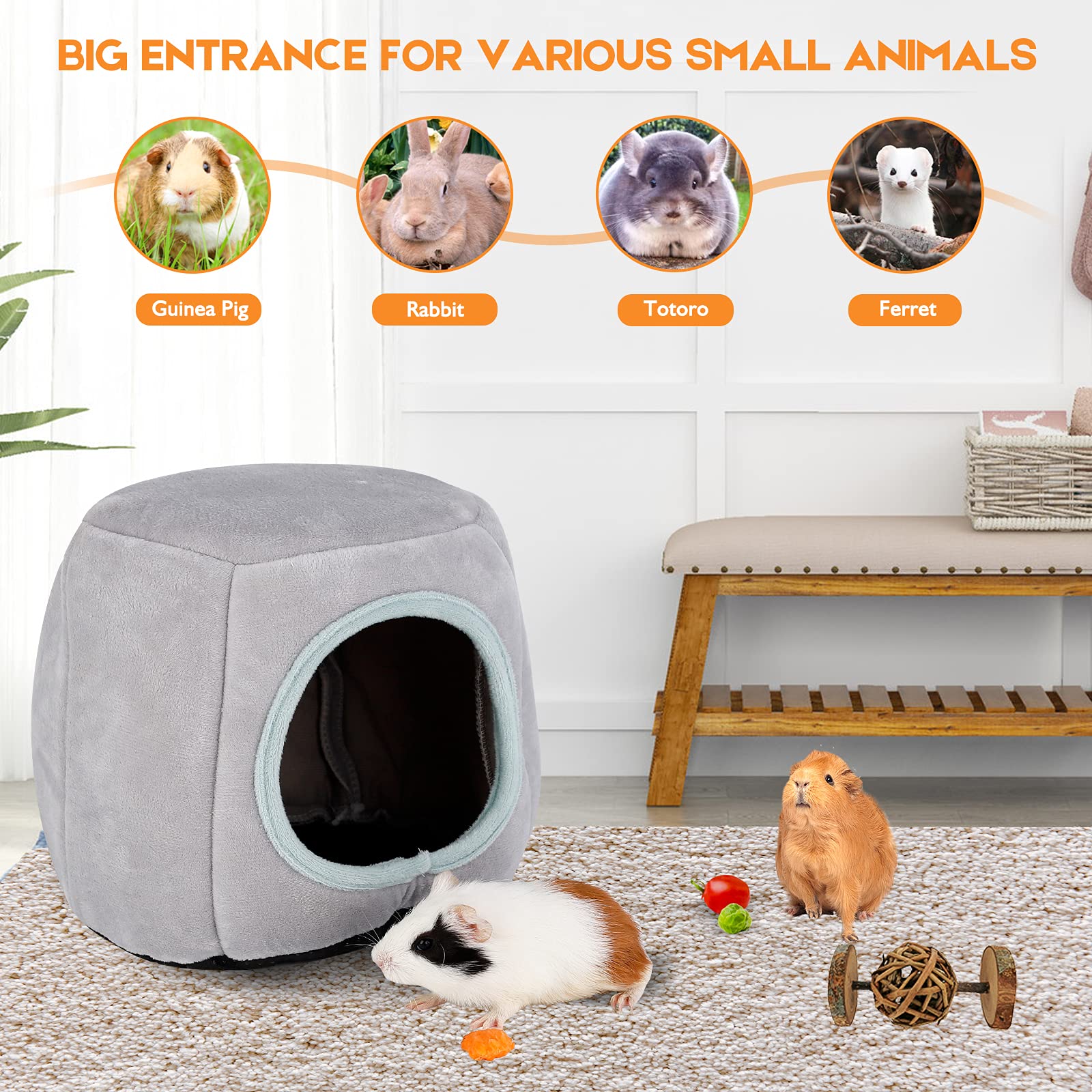 ONEJU Guinea Pig Bed, Rabbit & Bunny Hideout - Small Animal Cage Accessories for Guinea Pig Rabbit, Hamster, Chinchilla, Ferret - Gray - Image 4