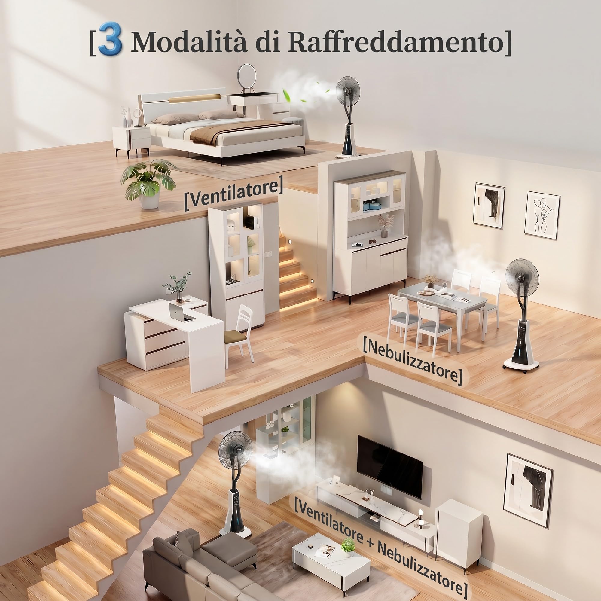 HOMCOM Ventilatore Nebulizzatore con Serbatoio da 3L, 3 Velocità e 3 Modalità, Ventilatore a Piantana con Ruote, Timer 7.5h, Oscillazione 75°, Inclinazione 15°, Display LED, Telecomando, 90W, Ø50cm