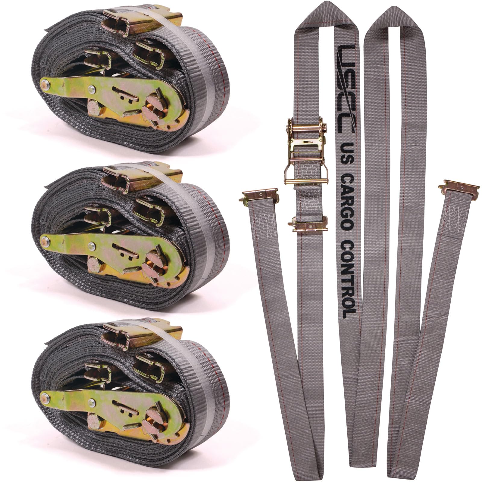 US Cargo Control Double-Fitted E-Track Ratchet Straps (4 Pack), 4,400 LBS Break Strength, 2 Inch x 16 Foot Heavy Duty E Track Straps with 3 Spring E-Fittings, Versatile 2-in-1 Logistic Tiedowns