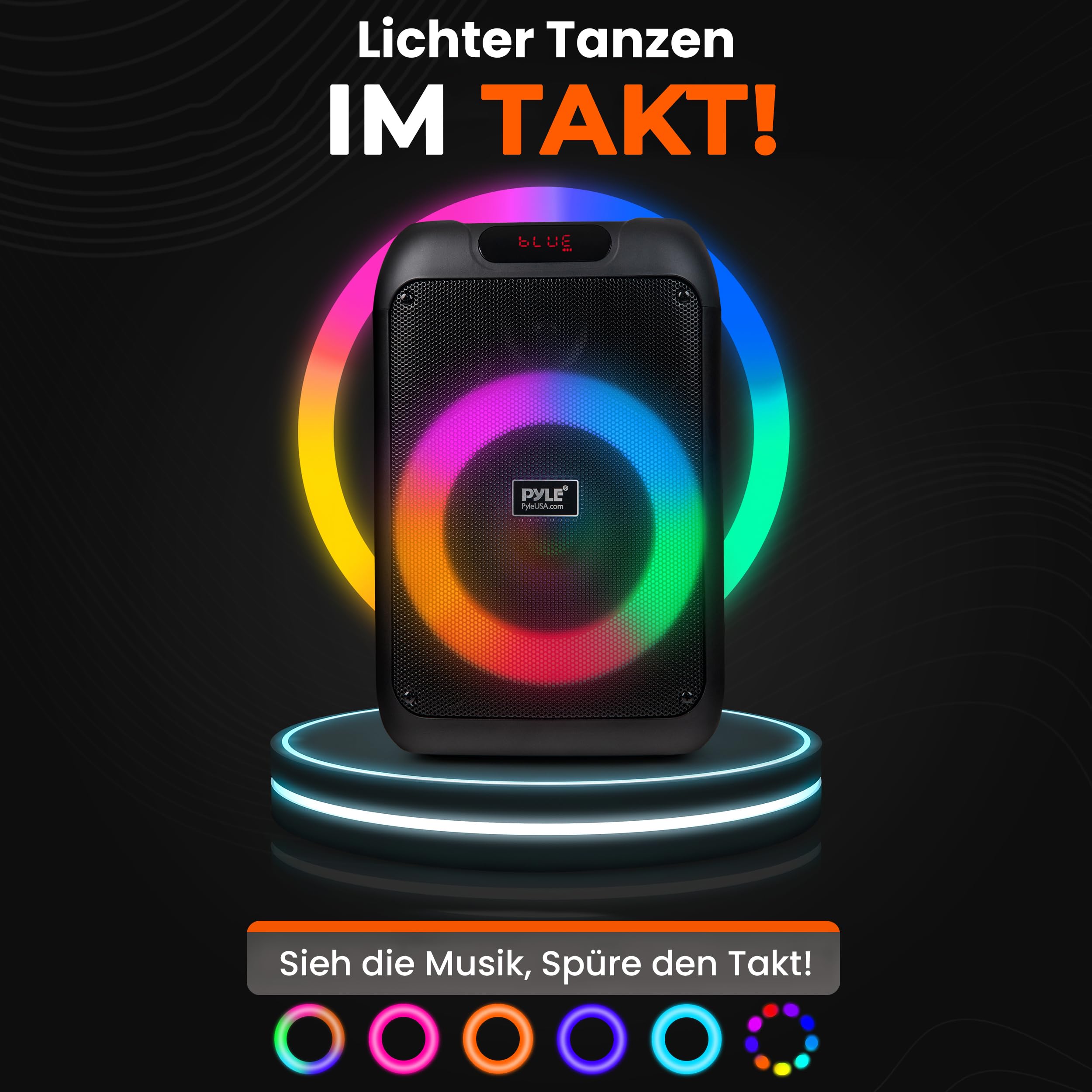 Pyle Partybox Bluetooth Lautsprecher Groß – 100W, LED-Lichtshow, Kräftiger Bass, EQ, TF, AUX, mit Fernbedienung & Tasche, Schnellaufladung, Ideal für Party & Feste