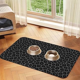 Waterproof Absorbent Leather Dog Mat, Non-Slip Cat Food Feeding Pad for Bowls, Floor Protection Pet Accessories Dark Gray Black Leopard Cheetah Print