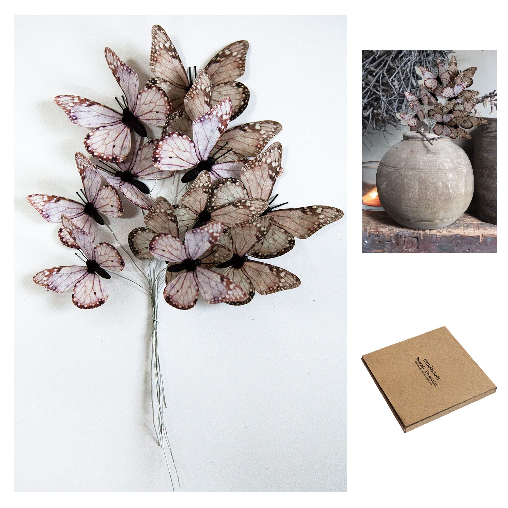 Décoration papillon 3D marron lot de 12 pour fausses fleurs et maison DIY