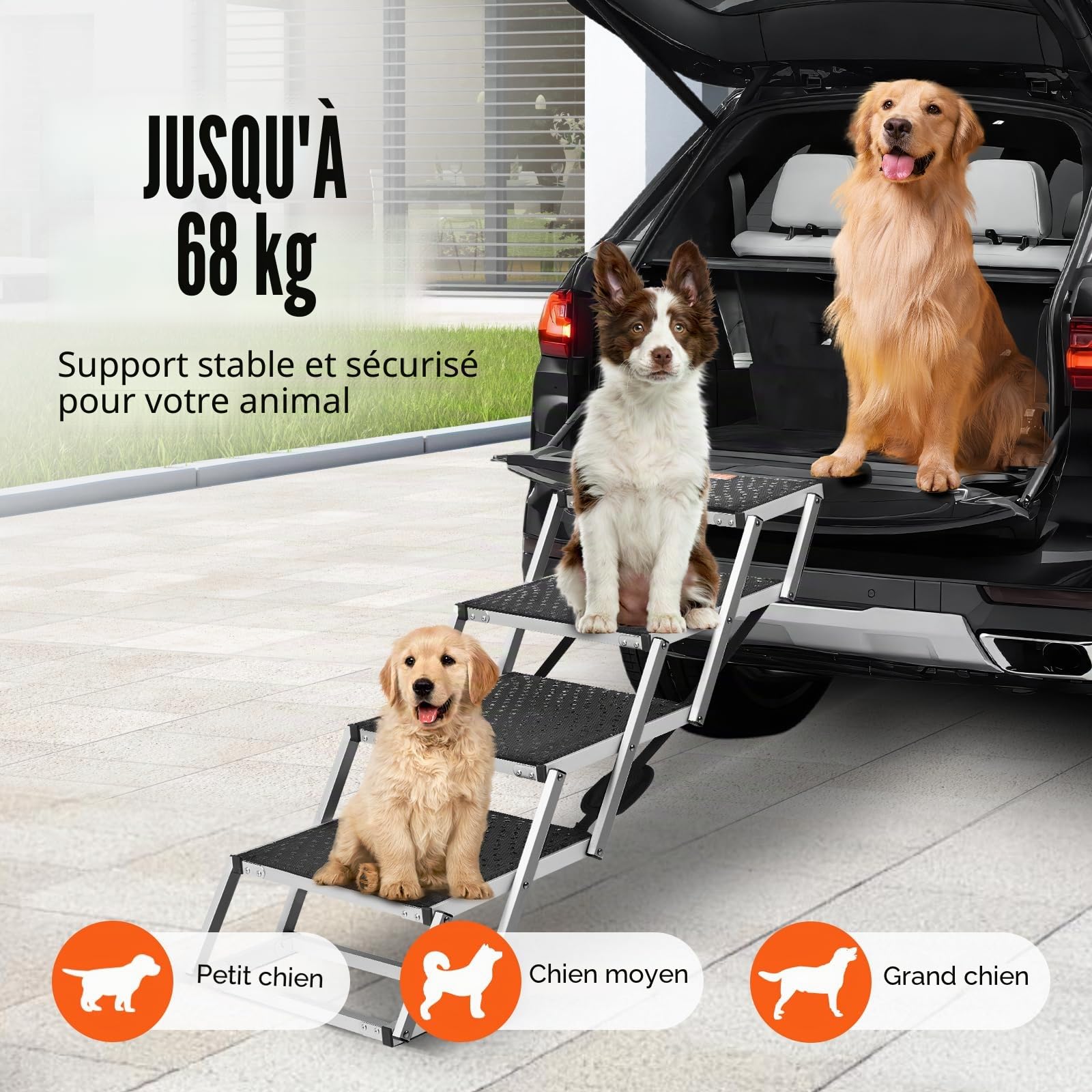 VEVOR Escalier pour Chien 4 marches, Rampe Pliable, Charge 68 kg, Aluminium, Antidérapant