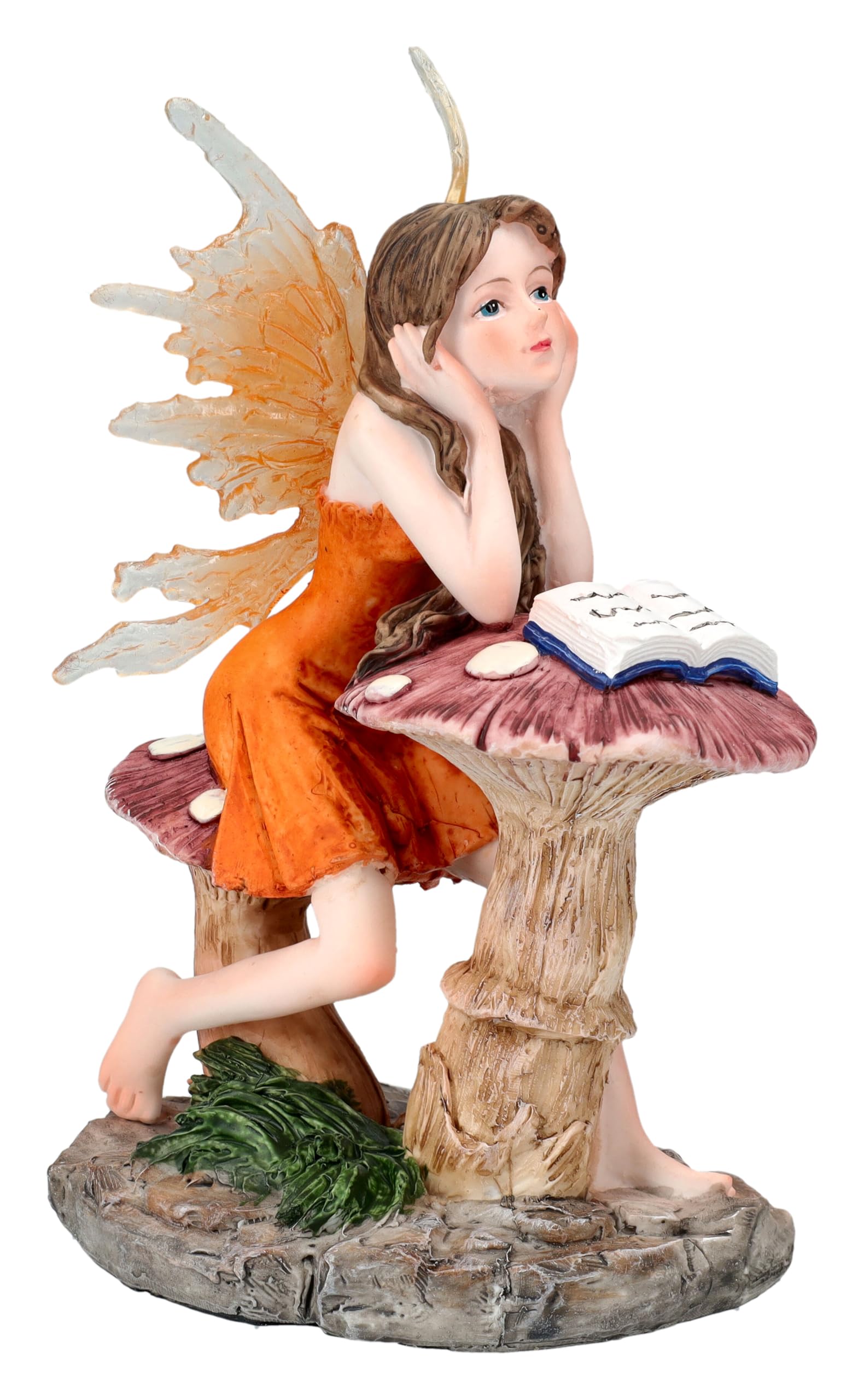 Figuren Shop GmbH Lesende Elfenfigur Isilwen auf Pilz – Fantasy Deko für Bücherfreunde, 15 cm