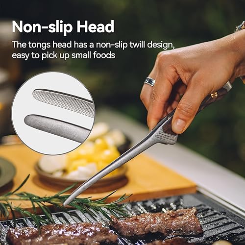 Miniatura 3 de Thous Winds Pinzas para cocinar con mango de roble, pinzas de cocina finas de acero inoxidable de 9 pulgadas para acampar barbacoa, parrilla, negro