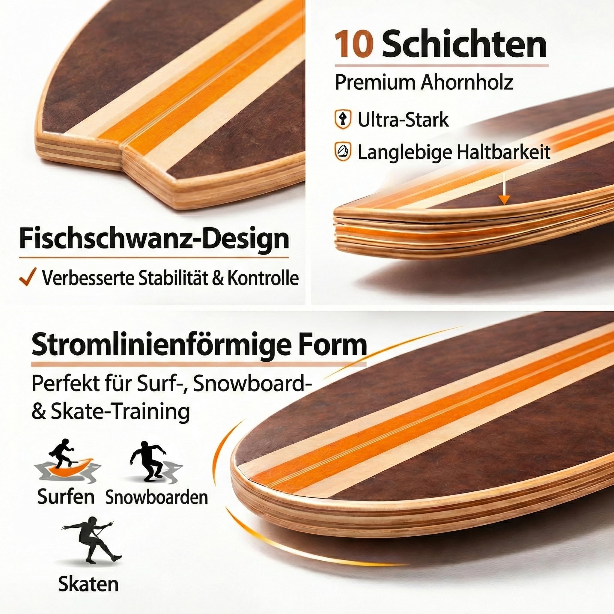 DRIFT SAVAGE 3-in-1 Balance Board Set 78cm, Premium 10-schichtiges Ahornholz für Surftraining, Fitness & Reha. inkl. Rolle & Halbkugel, max. 155kg. Schwalbenschwanz-Form.