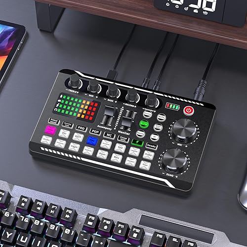 Miniatura 23 de Facmogu Mezclador de audio con tarjeta de sonido en vivo F998, interfaz de audio de podcast con efectos de mezclador de DJ, cambiador de voz