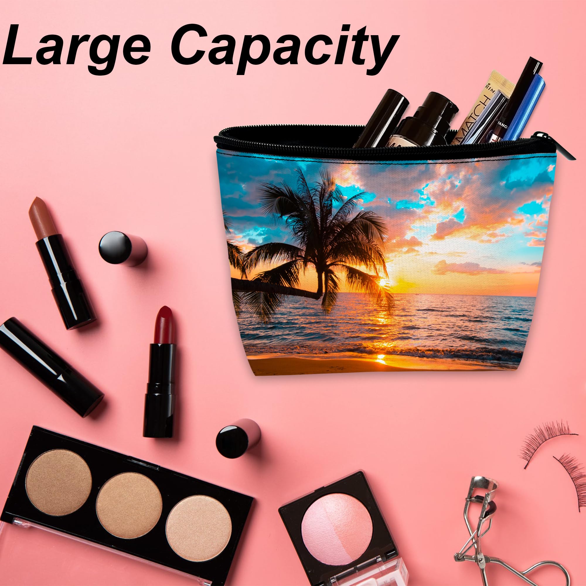 DEMACYA Makeup Bag for Purse, Waterproof Funny Sunset Cosmetic Bag for Women, Zipper Travel Toiletry Pouch Tropical Palm Trees Sea Beach Gift 9.5×5.9 Inch