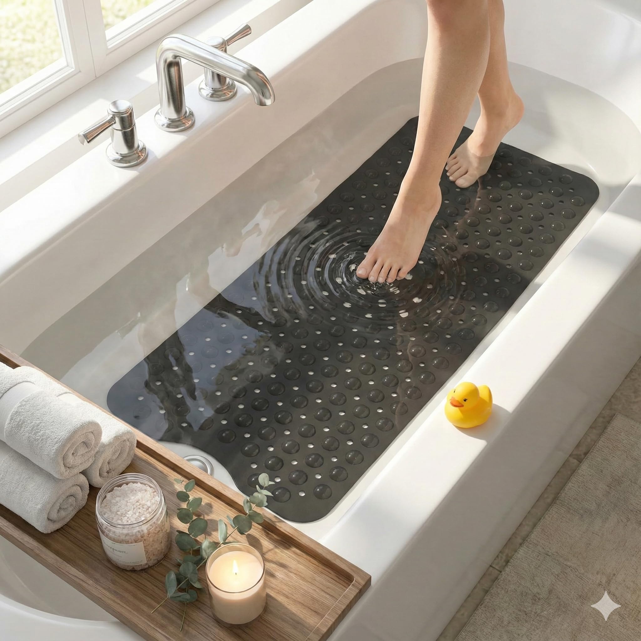 Kikzi Extra Long Non Slip Bath Mat, 101x40cm Clear Shower Mat with Drain Holes and Suction Cups, Machine Washable (Black)