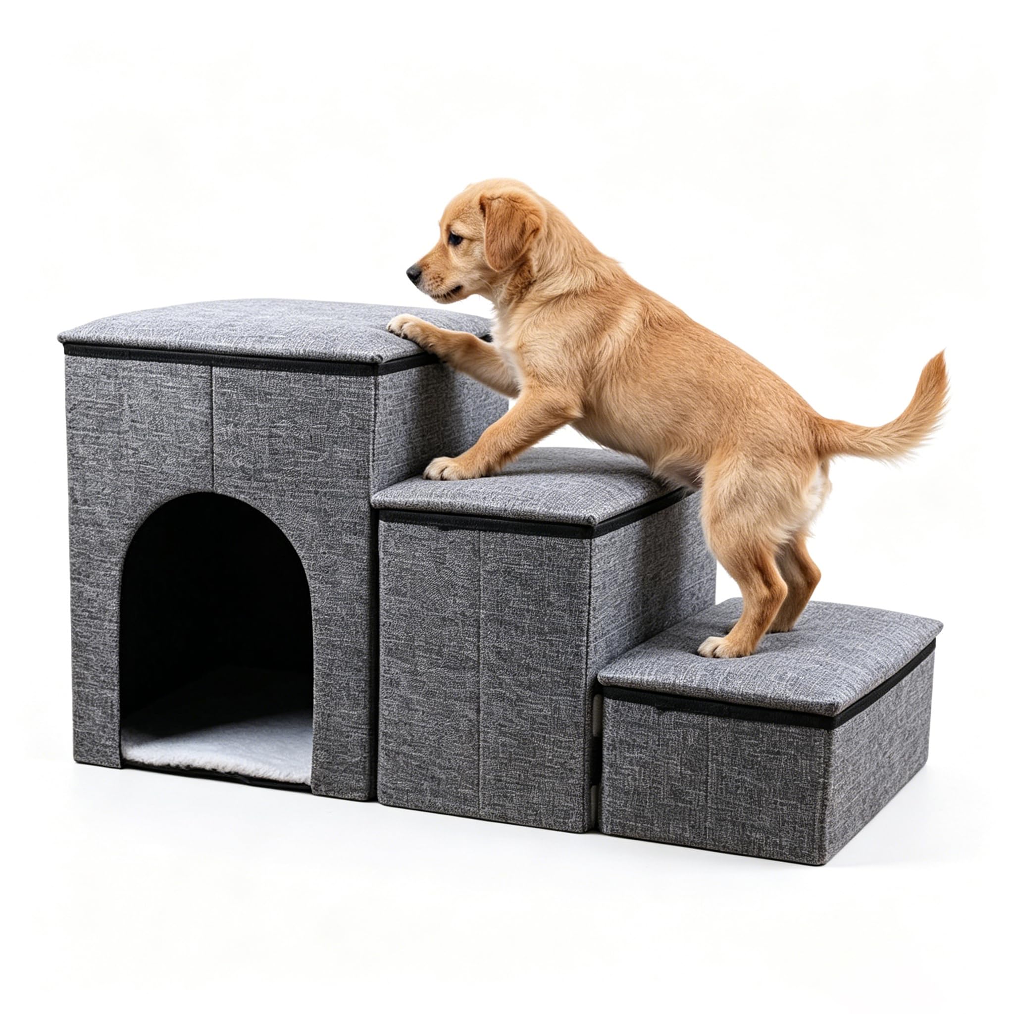 Dog Steps for Bed with Storage & Condo, Foldable 3-Step Pet Stairs,Non-Slip