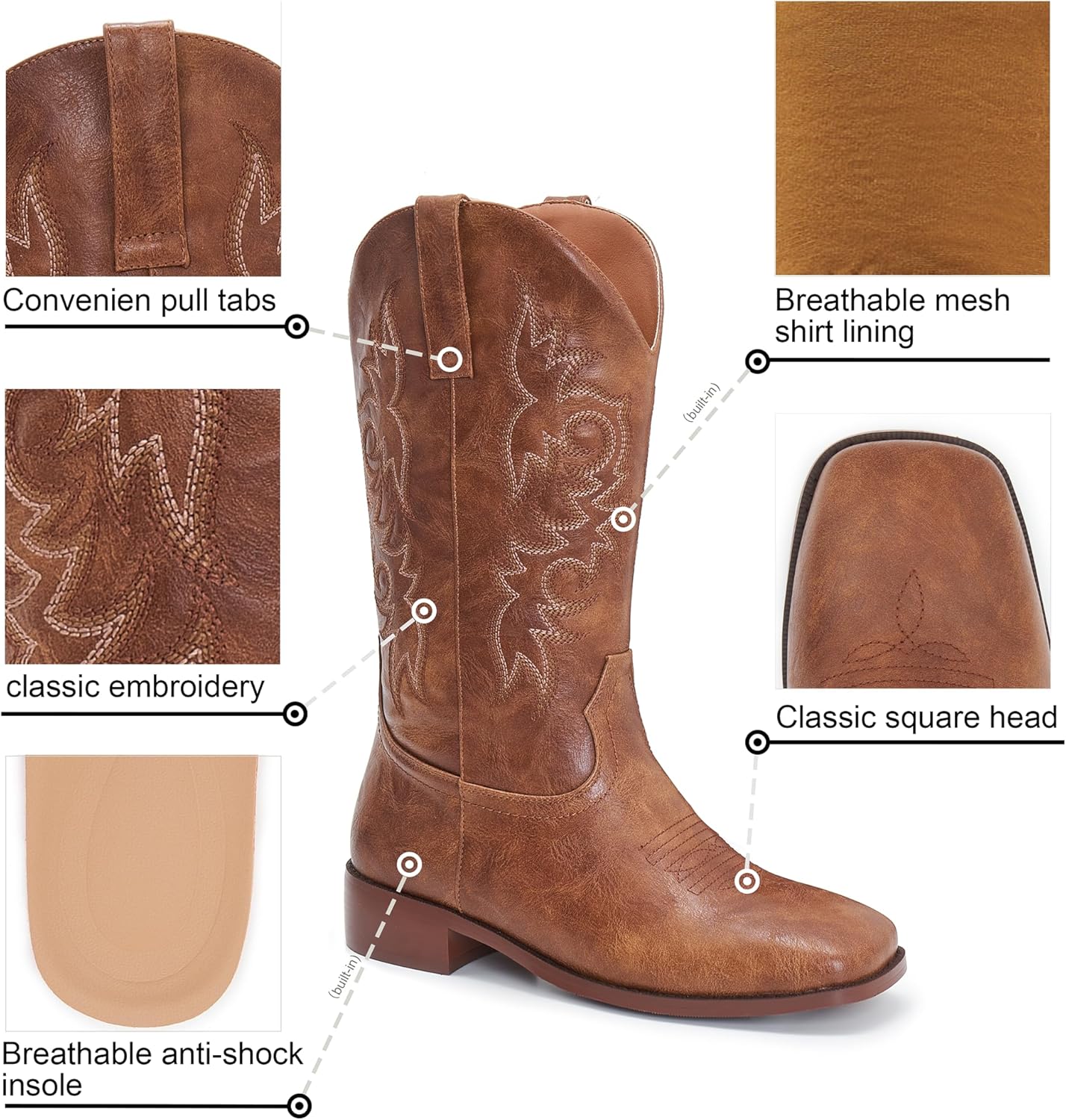 Cowgirl Boots Square Toe Cowboy Boots For Women Ladies Mid Calf Low Heel Flat