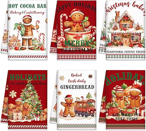 Oudain Juego de 6 toallas de cocina y paños de cocina de Navidad para hombre de jengibre, juego de toallas de mano de cocina de invierno, regalos de