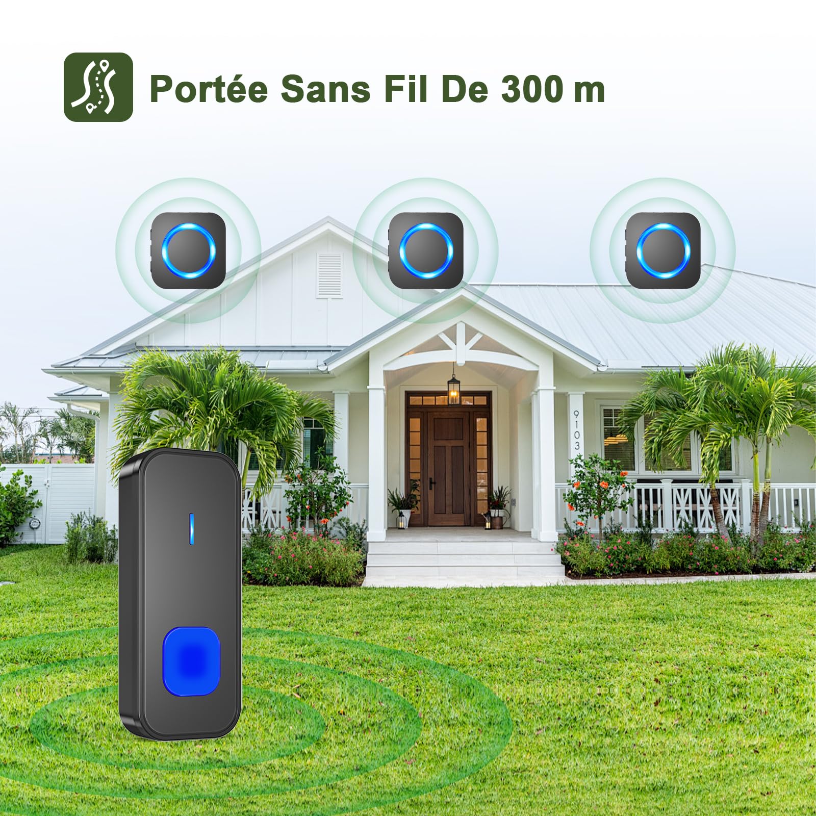 SURFOU Sonnette sans Fil, 400M Longue Portée Carillon et Sonnettes Electronique Kit avec 3 Récepteurs Exterieur Enfichables, 55 Mélodies au 5 Niveaux Volumes pour Maison, Indicateur LED Bleu, Noir