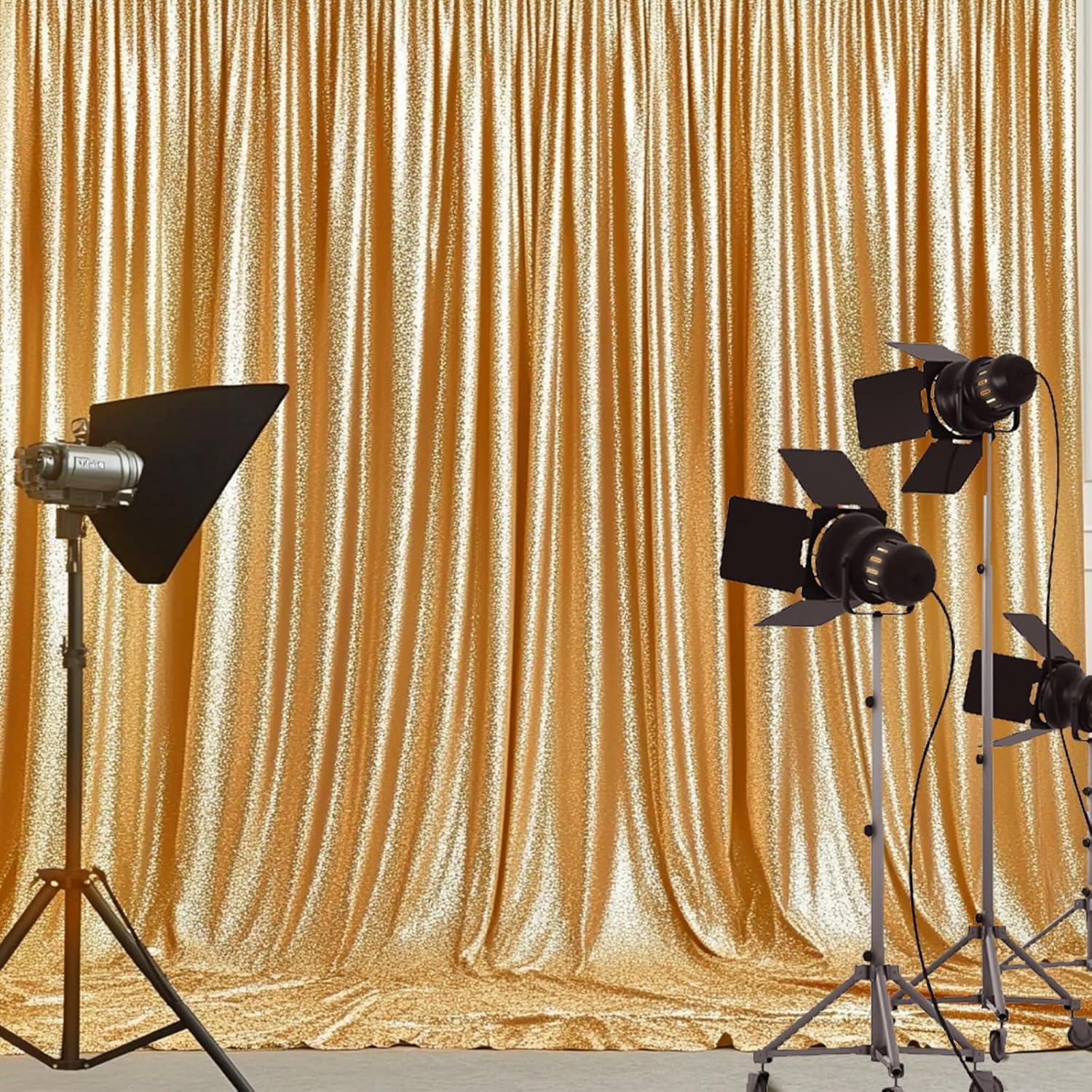 10 Pieces Gold Sequin Backdrop Curtains and Table Runners Set, 4 Pcs 2 x 8 ft Gold Backdrop Curtains, 6 Pcs 12 x 108 Inch Glitter Table Runners for Birthday Wedding Banquet Holiday Party Decor