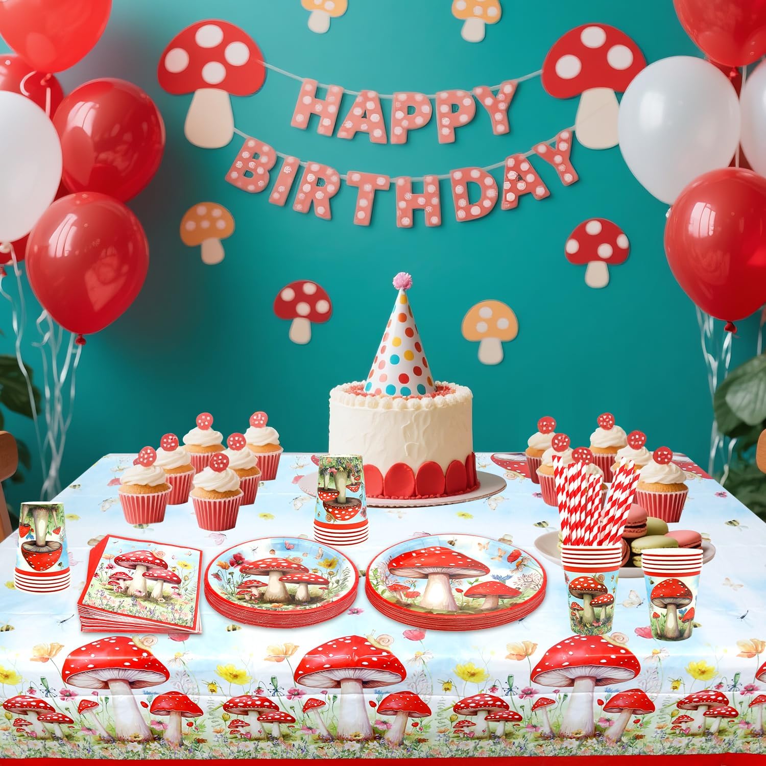 Mushroom Party Supplies - Mushroom Party Tableware - Dinner Plates Desserts Plates Cups Napkins Tablecover Straws for Mushroom Birthday Party Decorations Baby Shower Supplies, Serves 20