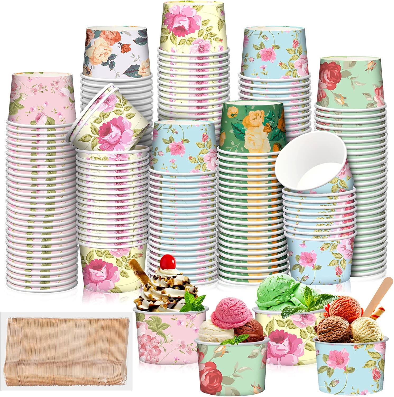 Ramede 240 Pcs/120 Sets Floral Ice Cream Cups with Spoons 8 oz Tea Party Treat Snack Cups Pink Disposable Dessert Cups for Wedding Dessert Bridal Shower Tea Party Supplies