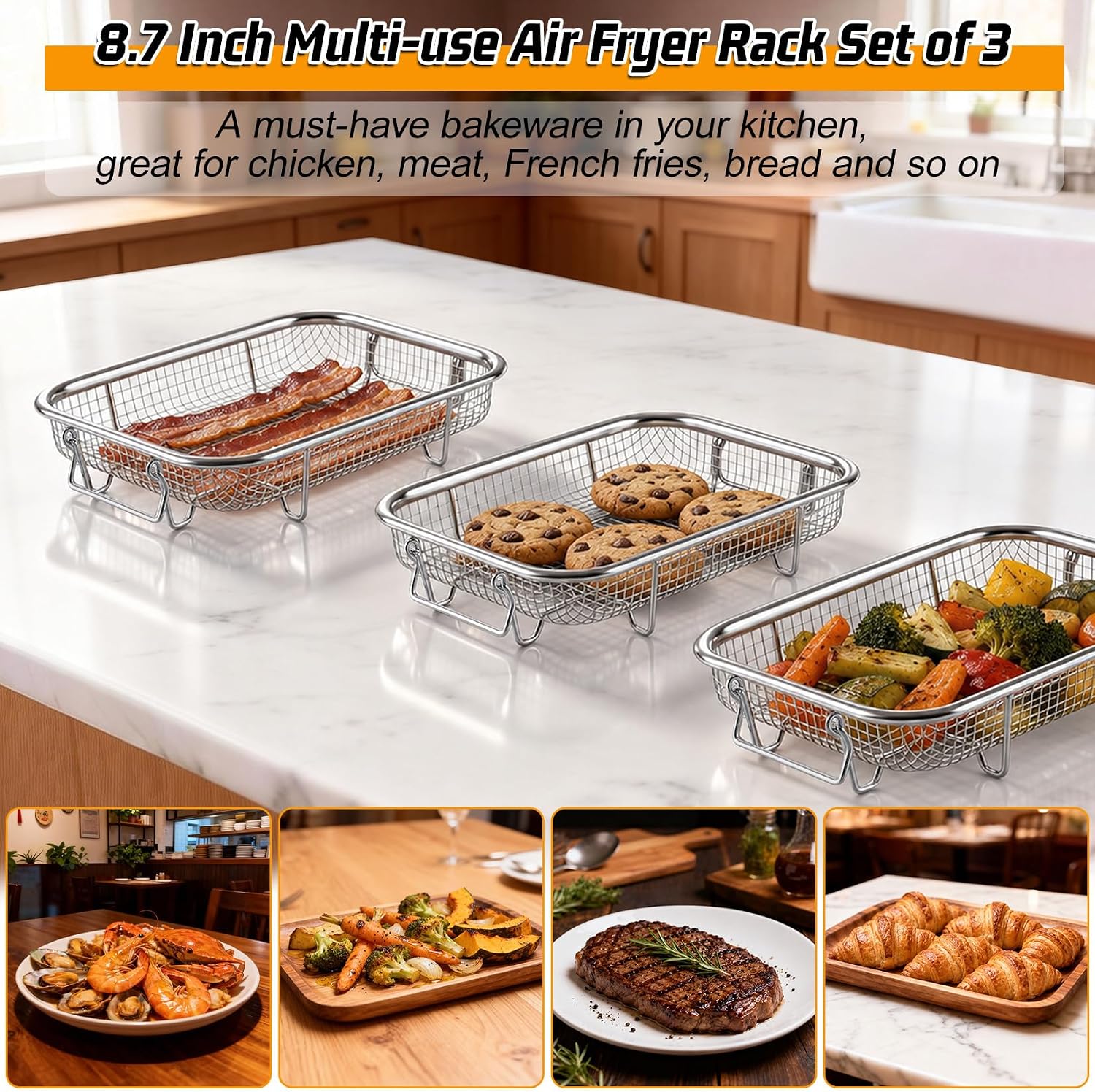 P&P CHEF 8.7 Inch Air Fryer Basket for Oven, Air Fryer Rack, 3 Pieces