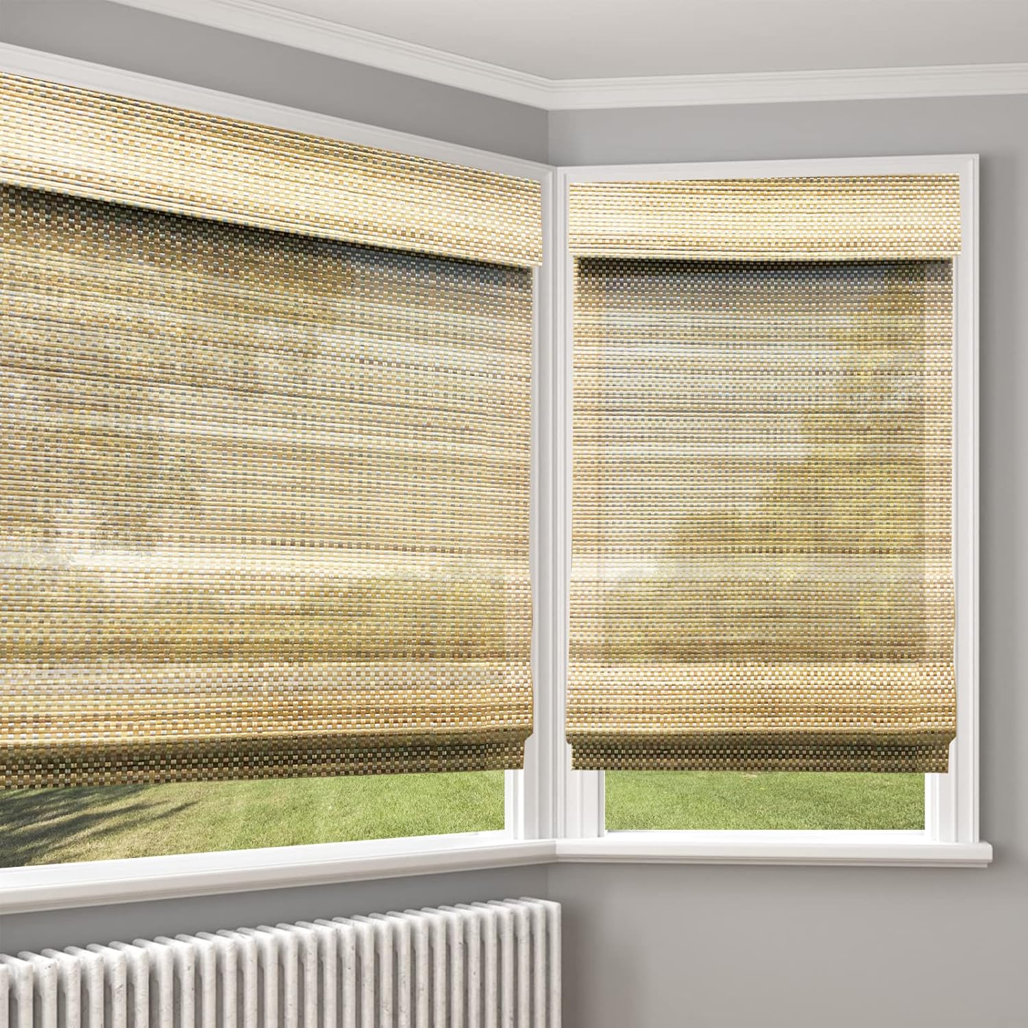 LANTIME Wood Cordless Window Shades, Lined Blackout Bamboo Roman Shades Blinds, JP Black