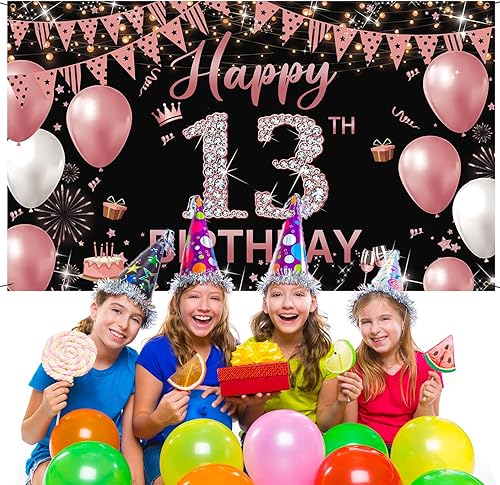 Miniatura 4 de Cartel de fondo de decoración de cumpleaños número 13, decoración de feliz cumpleaños número 13 para niñas, fondo de fotografía de cumpleaños de oro