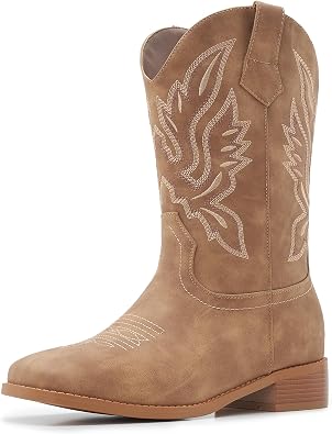 Cowgirl Boots Square Toe Cowboy Boots For Women Ladies Mid Calf Low Heel Flat
