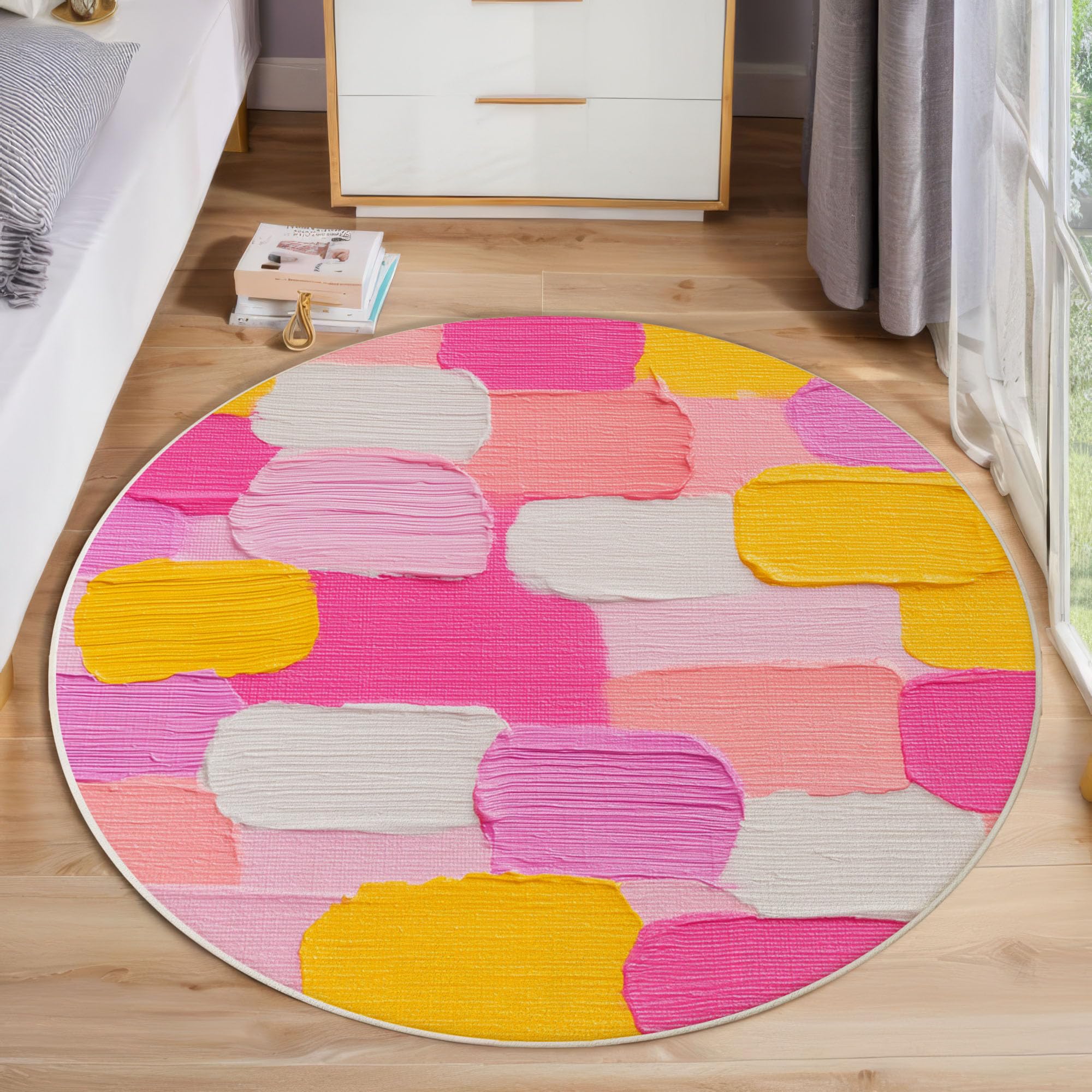 Tapis rond 60 cm lavable machine motif peinture huile jaune rose