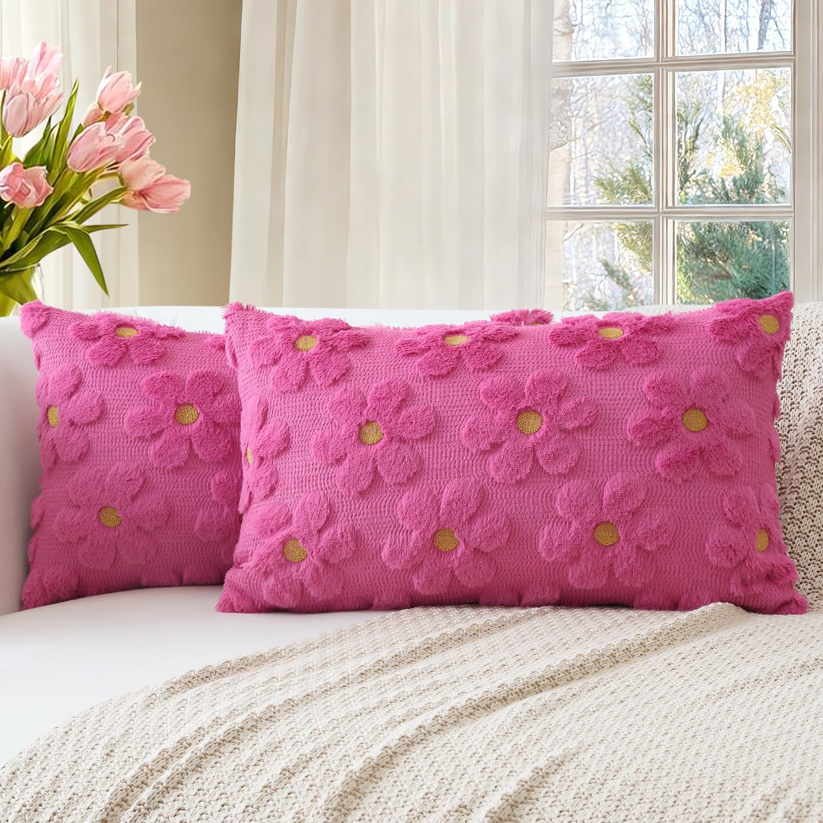 Artscope Spring Summer Cushion Covers Set of 2 Flowers Throw Pillow Covers for Sofa 40x60cm Lumbar Seasonal Soft Plush Short Wool Velvet Cushion Case Holiday Decor Rose Pink