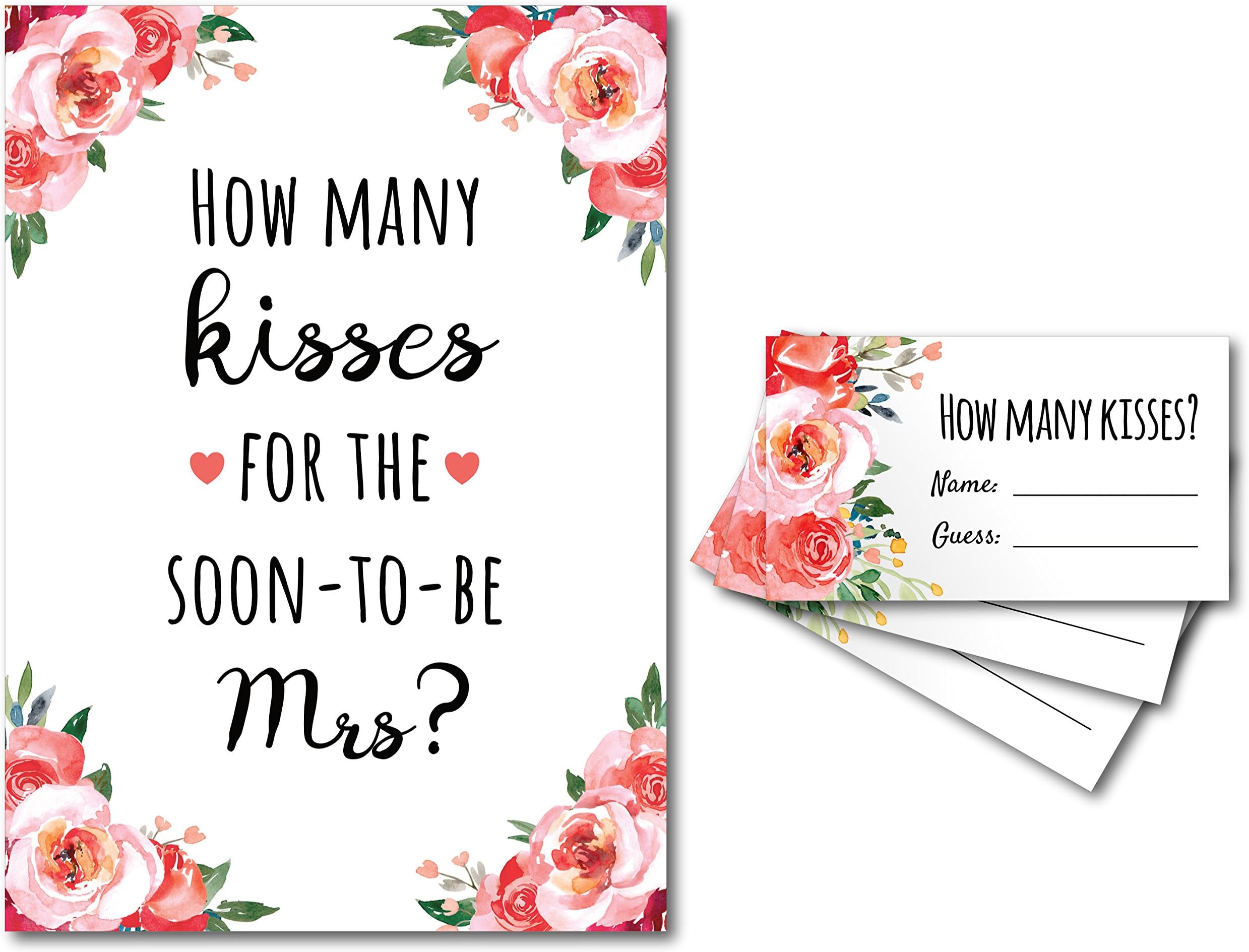 How Many Kisses for the Soon to be Mrs Bridal Shower Game 1 Sign + 30 Guess Cards (Pink Floral)