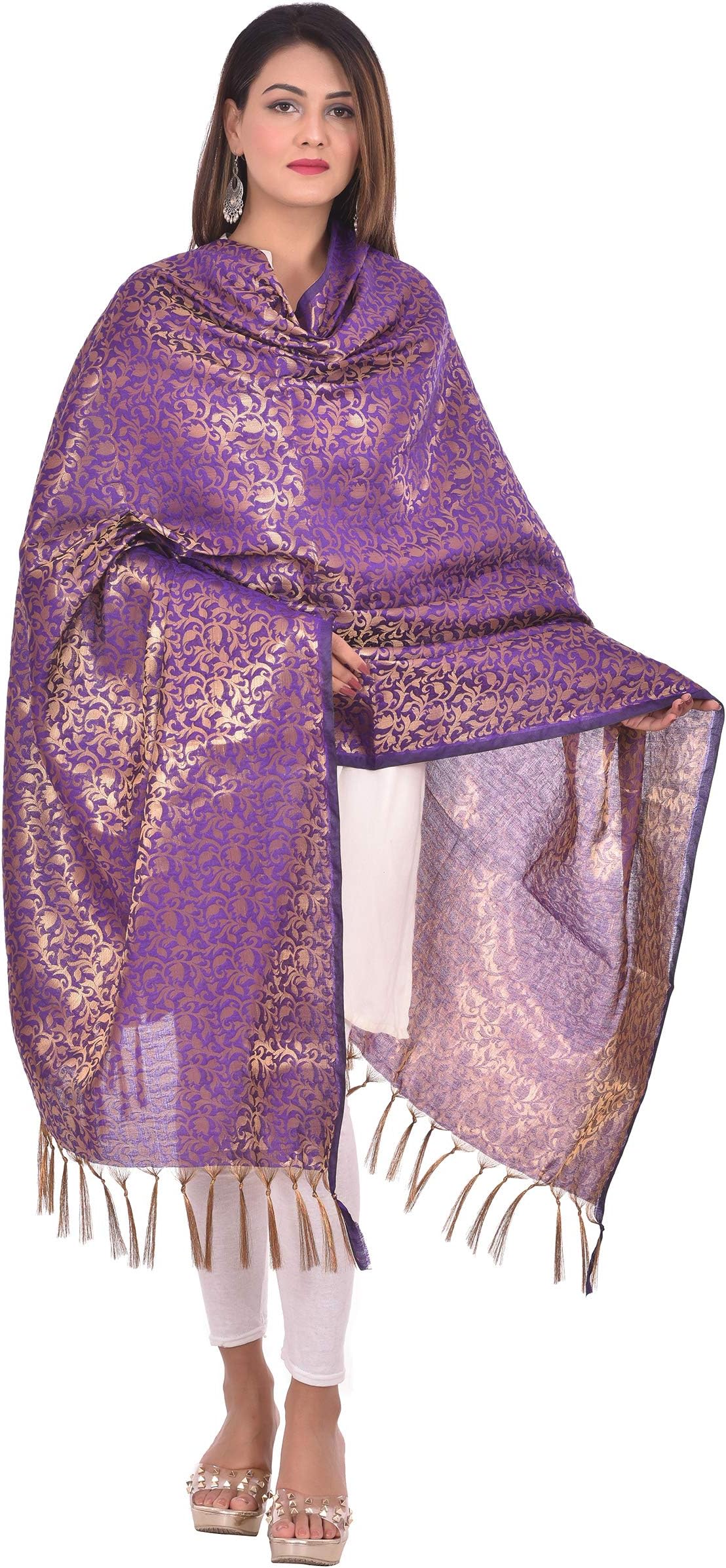 YOUTHQUAKEWomen's Zari Jacquard Silk Dupatta with Hand Made Tassels (Purple, 2.25 m)
