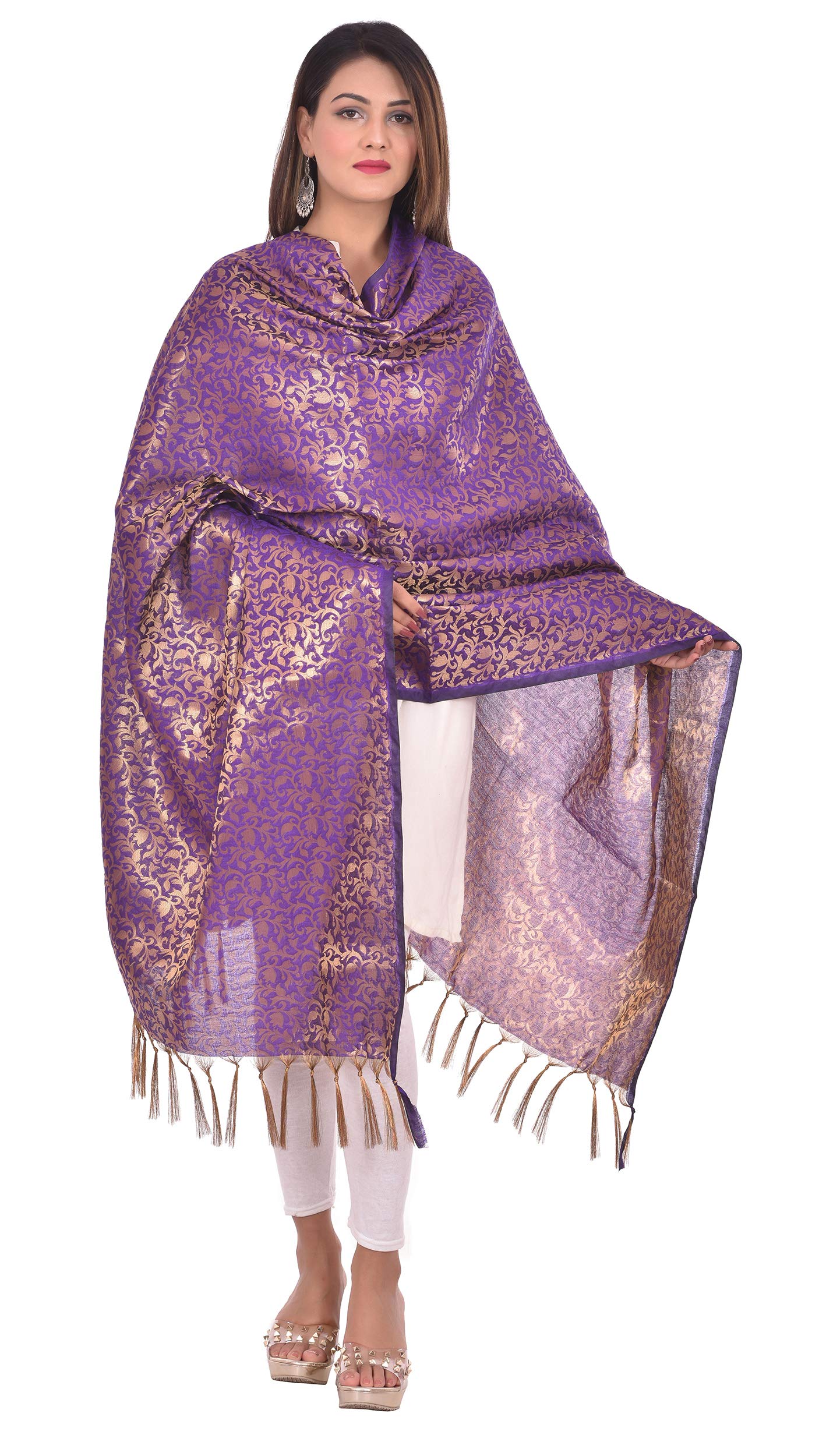 YOUTHQUAKEWomen's Zari Jacquard Silk Dupatta with Hand Made Tassels (Purple, 2.25 m)