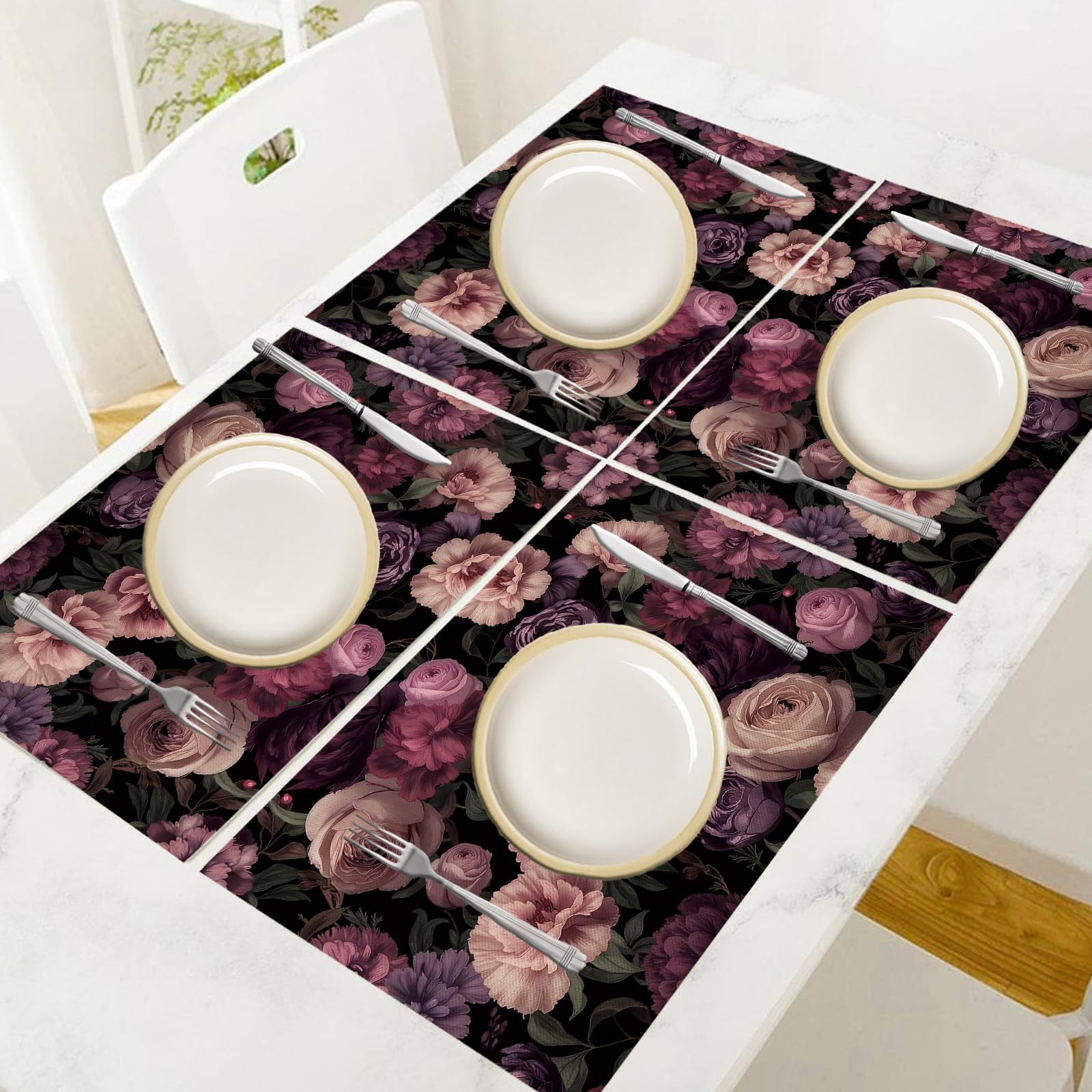 Tovaglietta Americana Fiori Eleganti in Cotone Lino Rettangolare - Tovagliette Set di 8 Peonia Rosa Rosa Resistente al Calore per La Cucina, Il L'Ufficio, 30 x 45cm