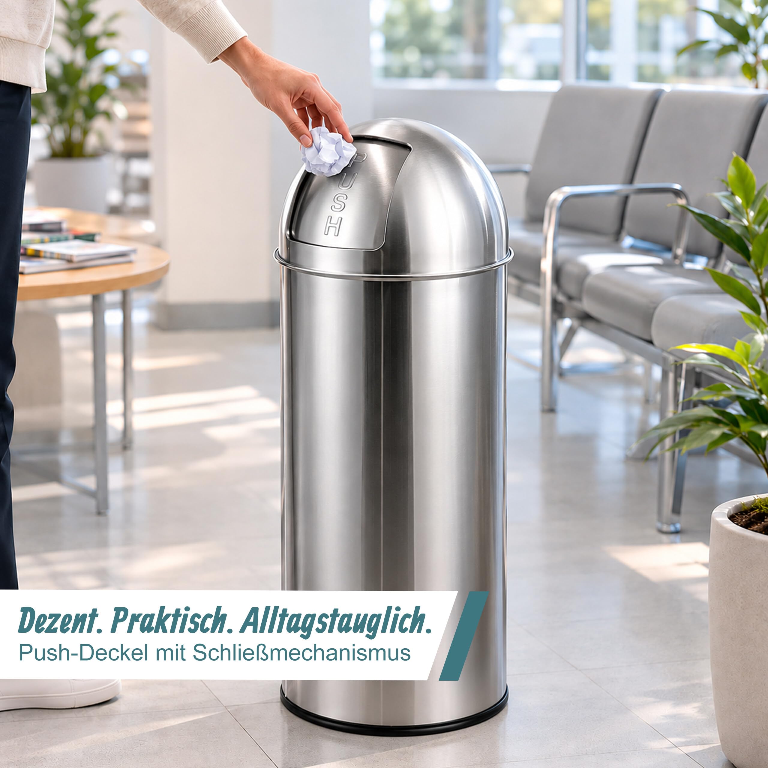 Relaxdays Mülleimer, 70 Liter, Push-Deckel, Edelstahl, entnehmbarer Inneneimer, Küche, Badezimmer, Abfalleimer, silber