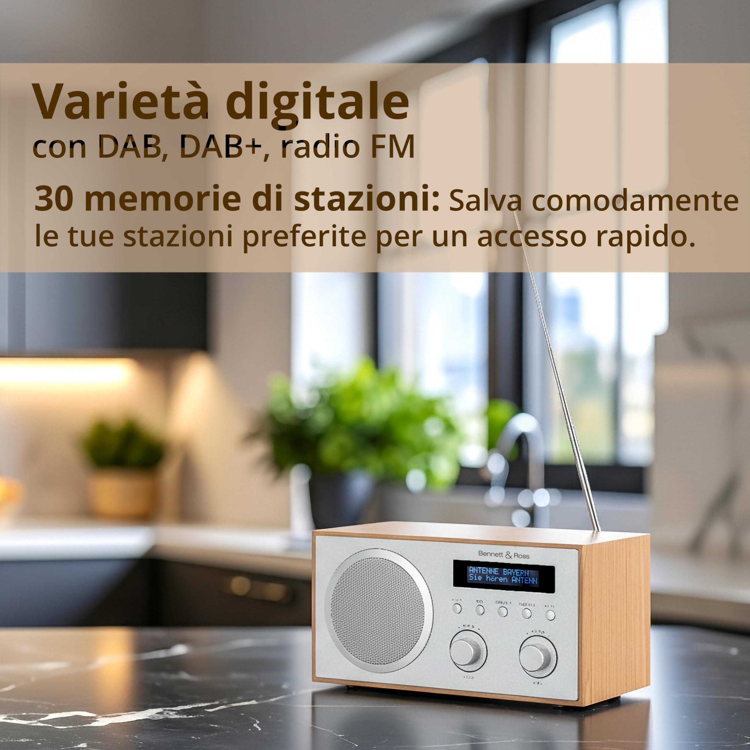 Bennett & Ross DAB-258 NT Vikedal Radio Digitale DAB+/FM - Streaming Bluetooth dallo Smartphone - Lettore USB MP3 e AUX - Doppia Sveglia con Snooze e Timer Di Spegnimento - Display LCD - Naturale