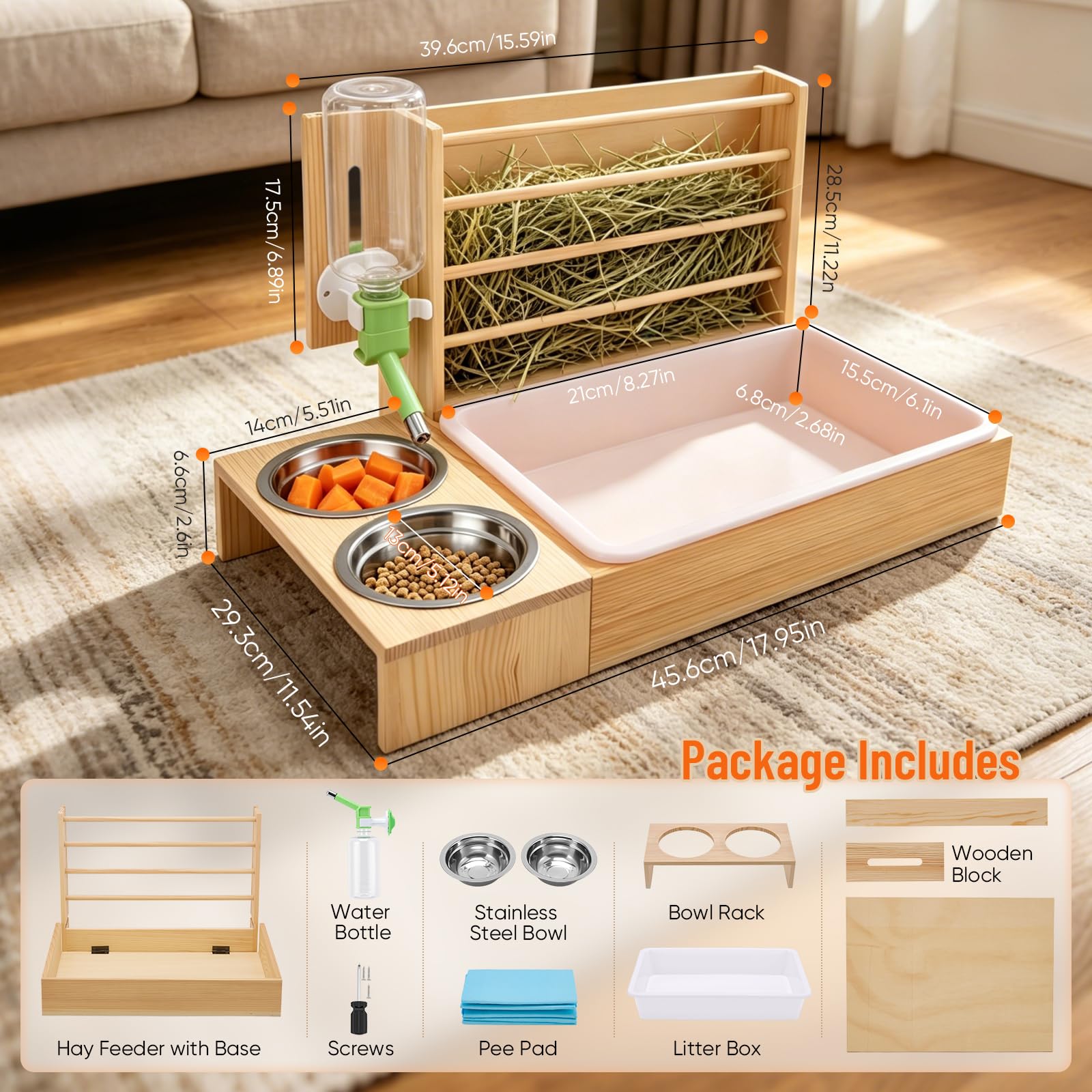 Râtelier à Foin 4-en-1 pour Lapins, Station d'alimentation | Distributeur foin amovible pour cochons d'Inde avec bac à litière, 2 gamelles et biberon Mangeoire bois pour petits animaux