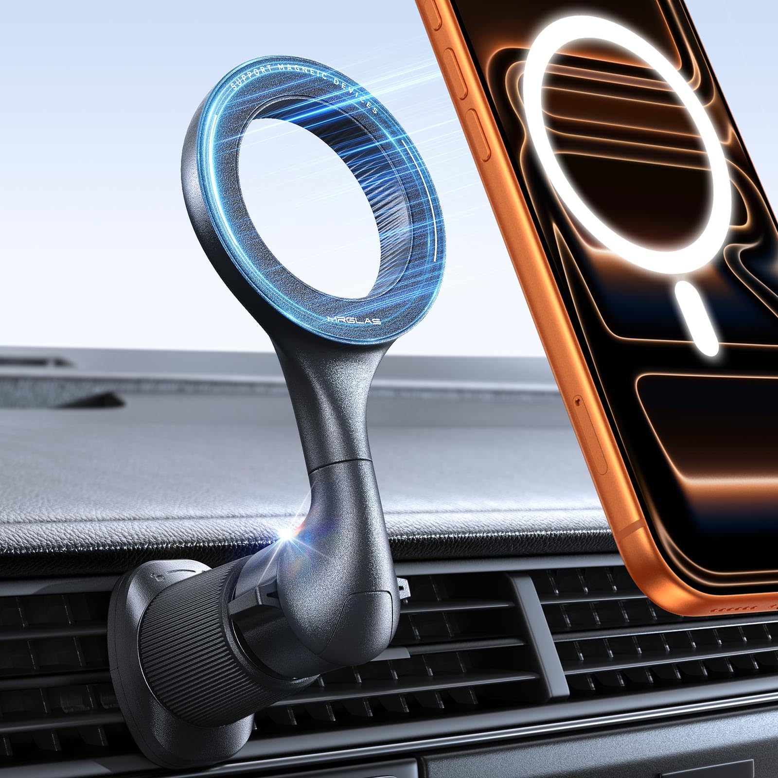 MRGLAS for MagSafe Car Mount [Upgraded 40 Strong Magnets] [360° Rotation] Air Vent Magnetic Phone Holder [Double Metal Hook] Car Phone Holder Mount