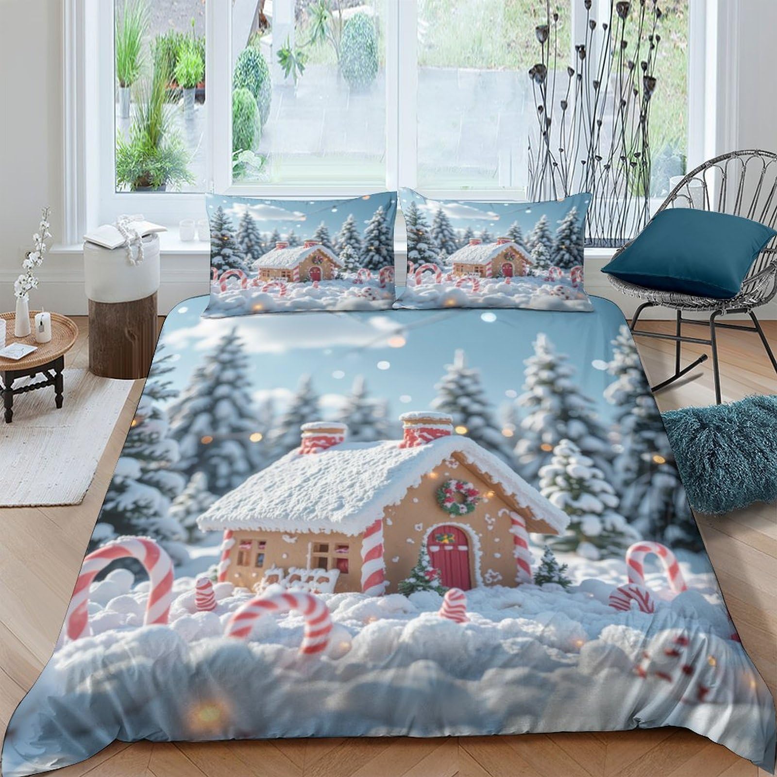 Ctjqhvkz Style-1 3D Printed Snow Cottage Fitted Sheet Microfiber Winter Forest Bed Cover For Bedroom Guest Room Decor Easy Care Single（135X200cm）