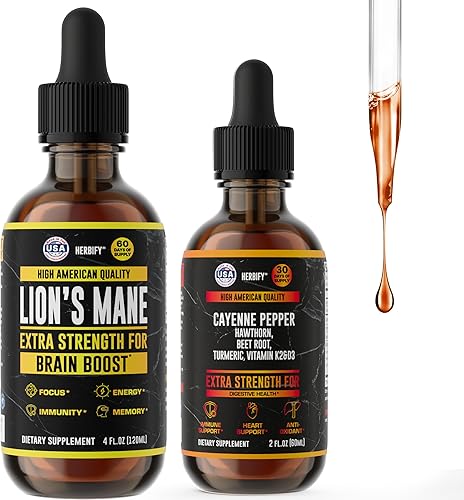 HERBIFY Paquete - Gotas de melena de león y pimienta de cayena - Suplemento para la memoria, la concentración y la claridad y el apoyo inmunológico,