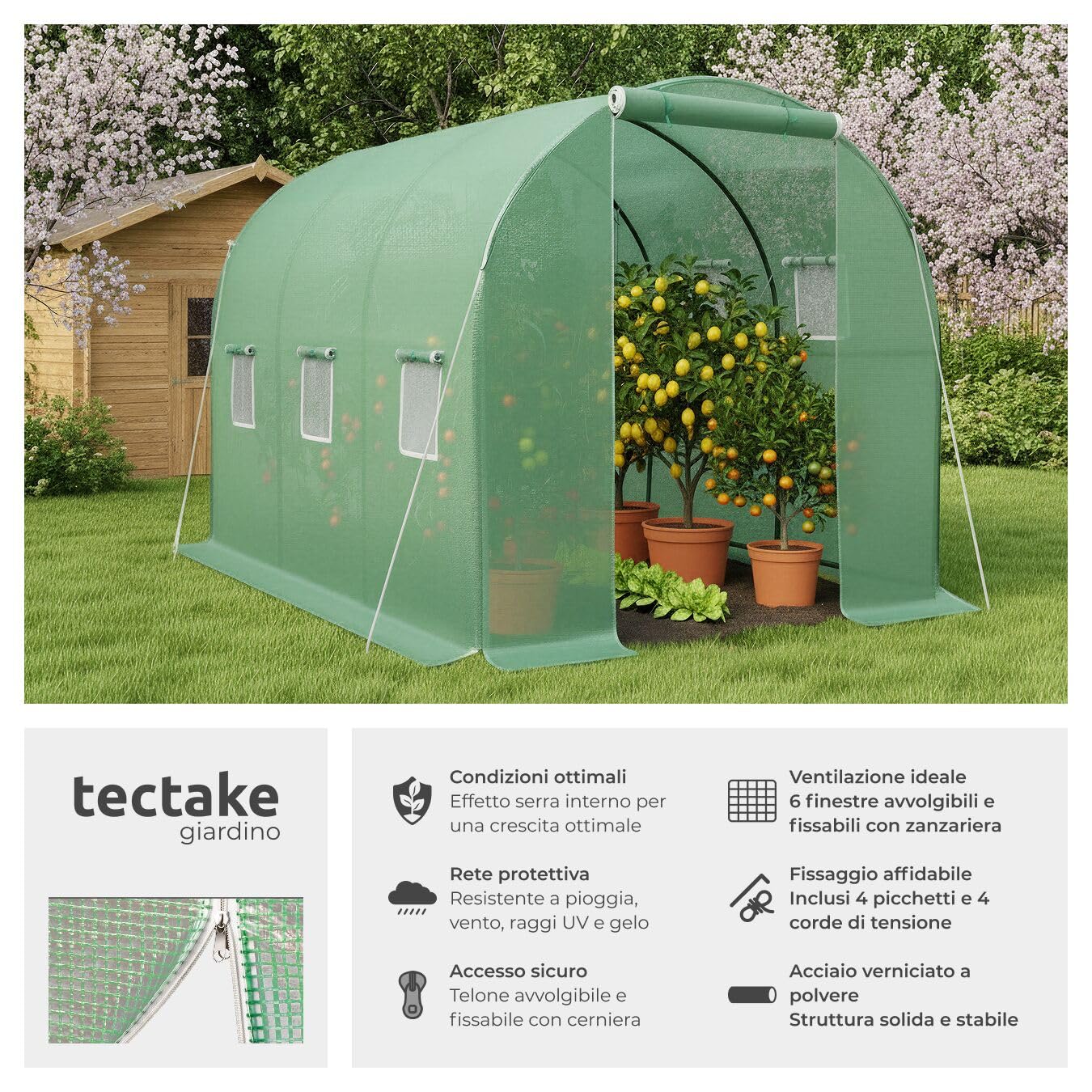 tectake® Serra da Giardino in Acciaio e PVC, Politunnel con 6 Finestre e Zanzariera, Casetta per Coltivazione Orto e Fiori, Serra per Piante, Resistente al Gelo - Verde- 343x200x200 cm - 7 m²
