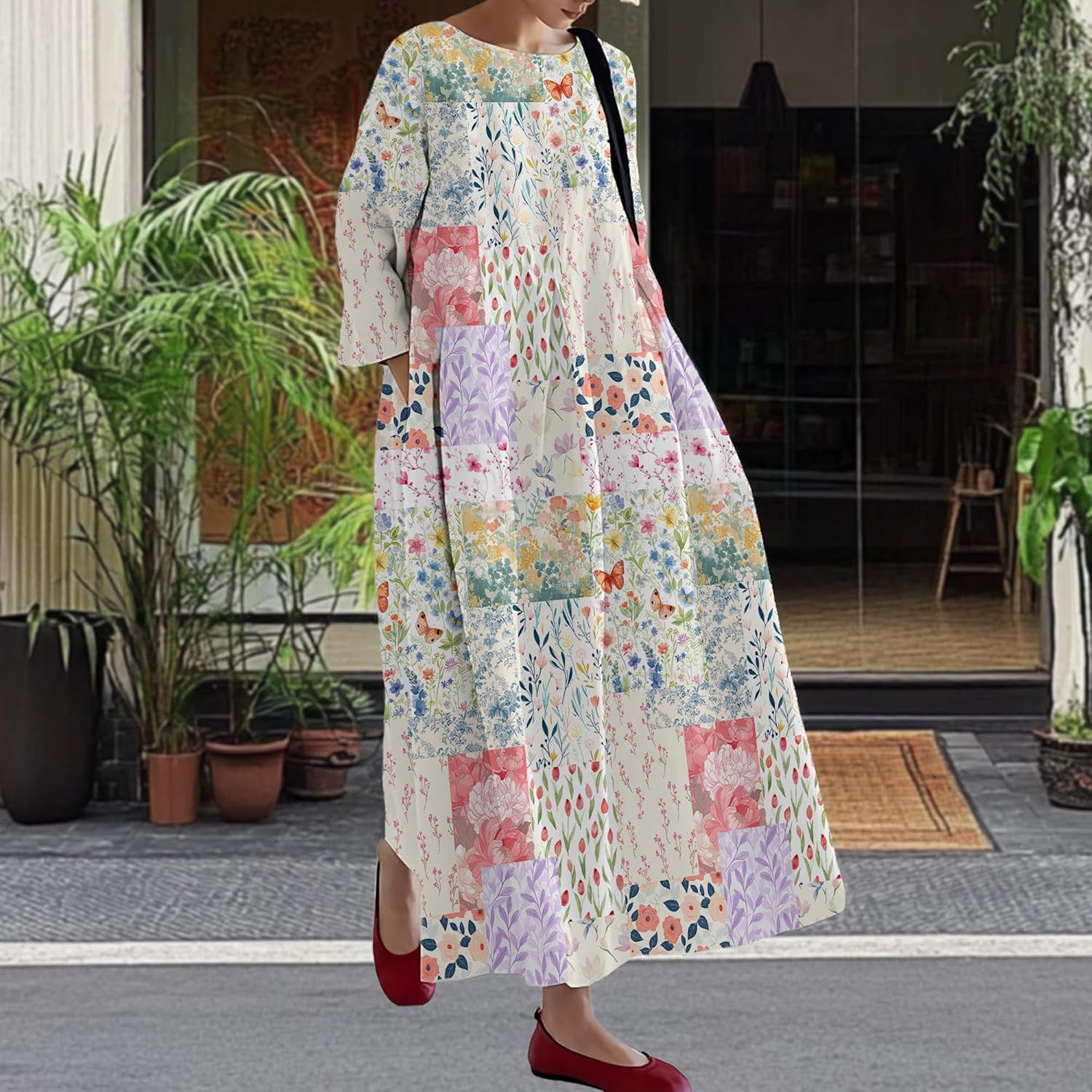 MARSVOVO Patchwork Dress for Women Dressy Casual Long Sleeve Flowy Maxi Dresses Smocked Waist Tunic Dresses with Pockets - Image 2