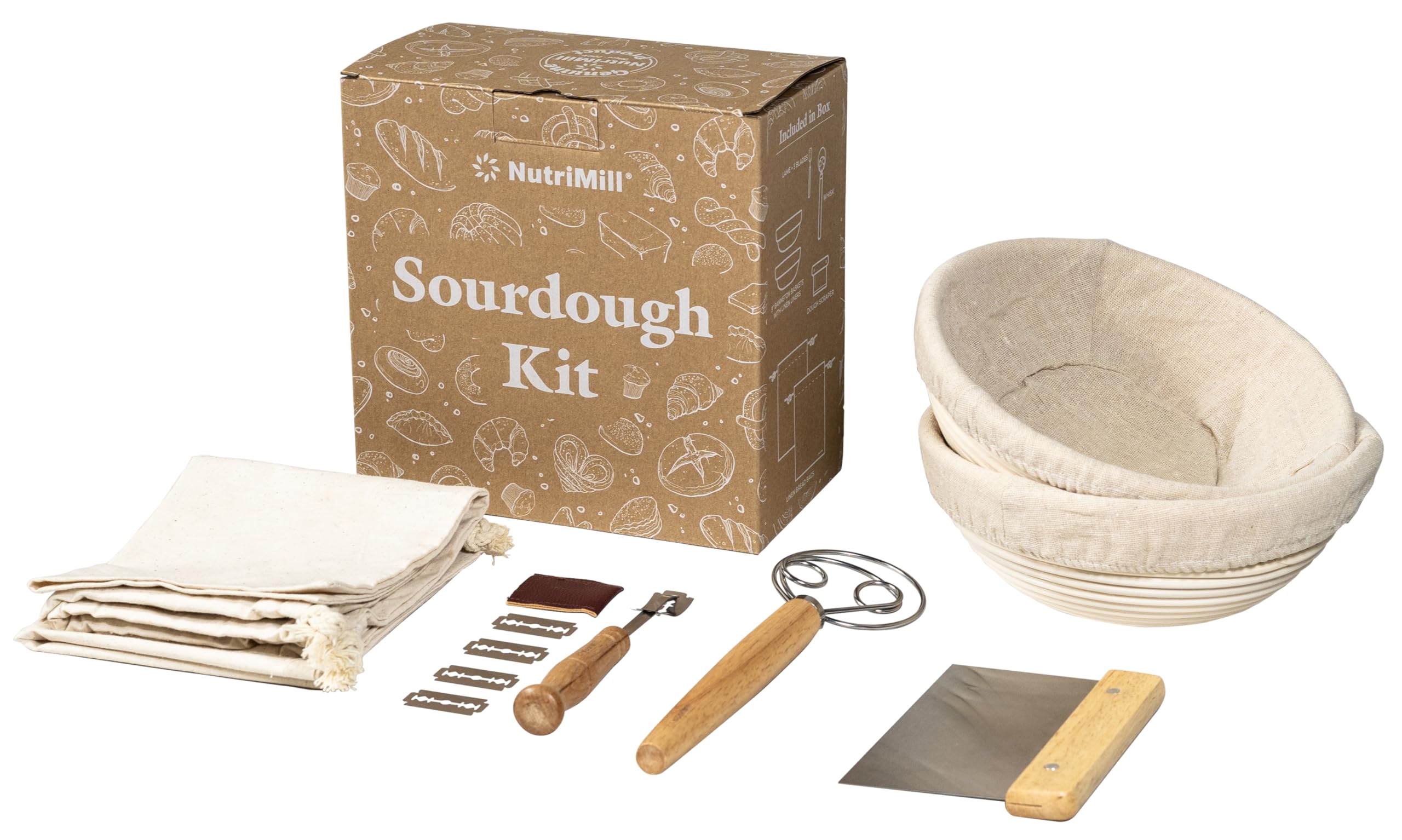 NutriMill Sourdough Bread Proofing Starter Set Kit with 9" Banneton Baskets
