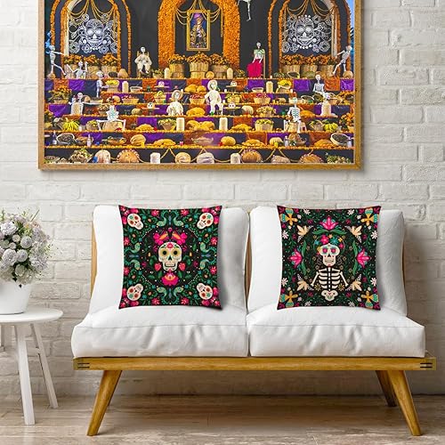 Miniatura 4 de Nepnuser Juego de 4 fundas de almohada de 18 x 18 pulgadas con diseño de calavera de azúcar para decoración del Día de los Muertos para cama, sofá,