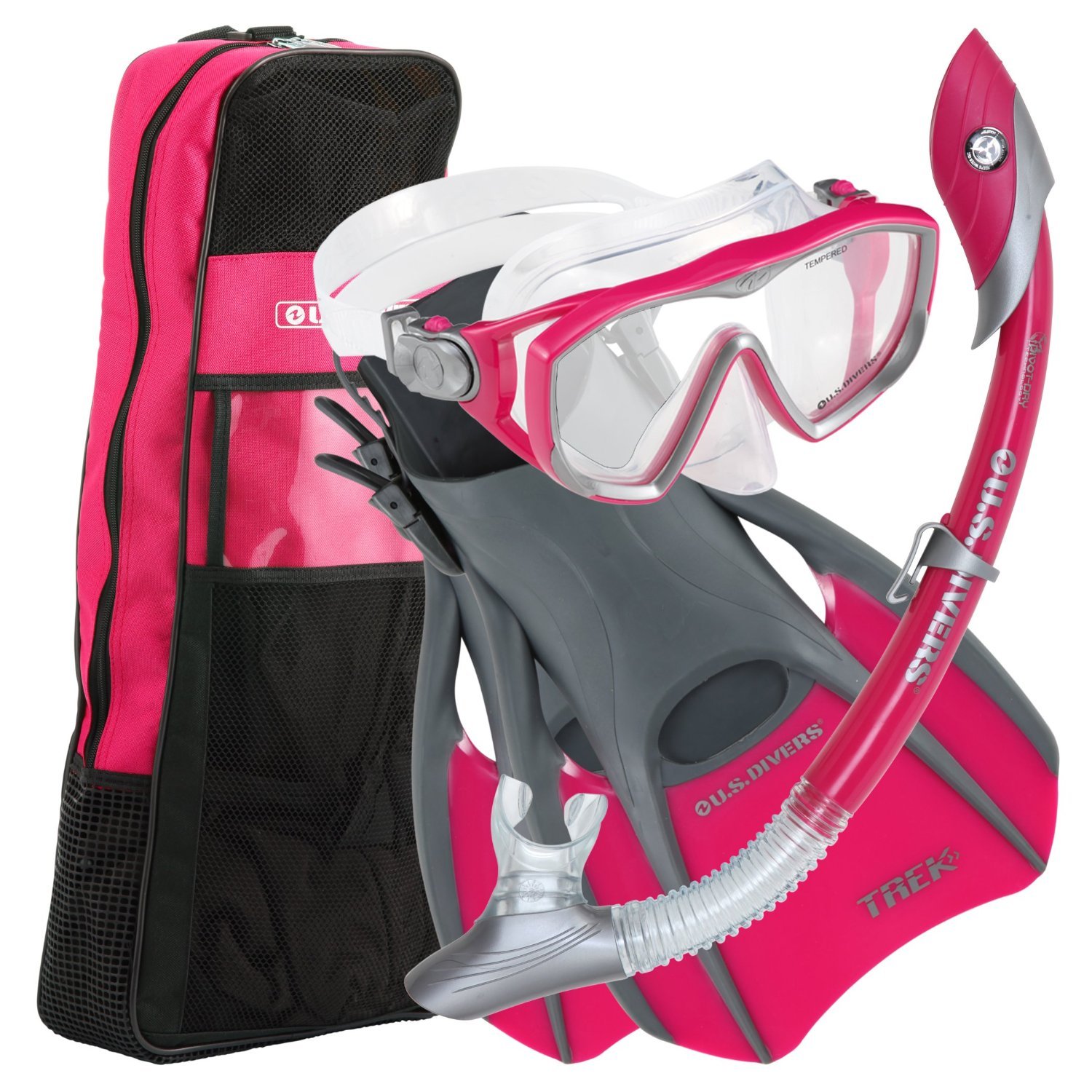 U.S. Divers Diva Women Snorkel Set, Ladies Silicone Mask, Trek Travel Fins, Dry Top Snorkel + Snorkeling Gear Bag - Purple - Small