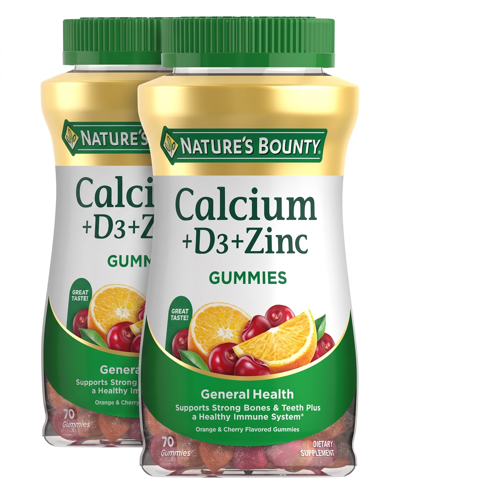 Nature's Bounty Calcium + D3 + Zinc Gummies, Supports Strong Bones & Teeth Plus a Healthy Immune System, 500mg, Orange and Cherry Flavored, 70 Gummies (Pack of